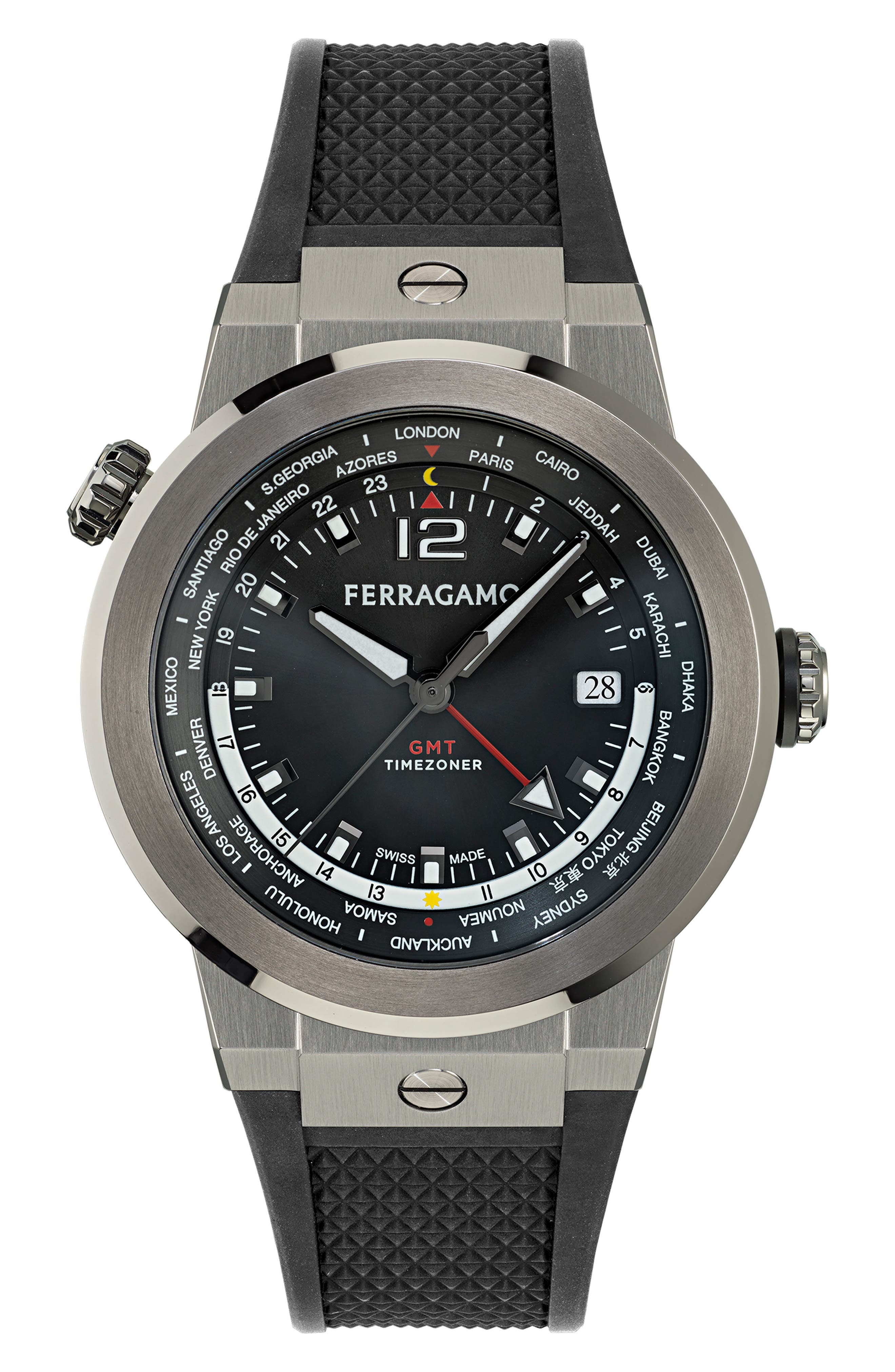 FERRAGAMO F-80 GMT Worldtime Silicone Strap Watch, 43mm in Ip Gunmetal at Nordstrom - 1