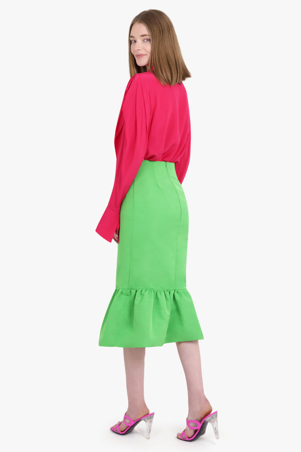 MIDI TAFFETA PEPLUM SKIRT | GREEN - 5
