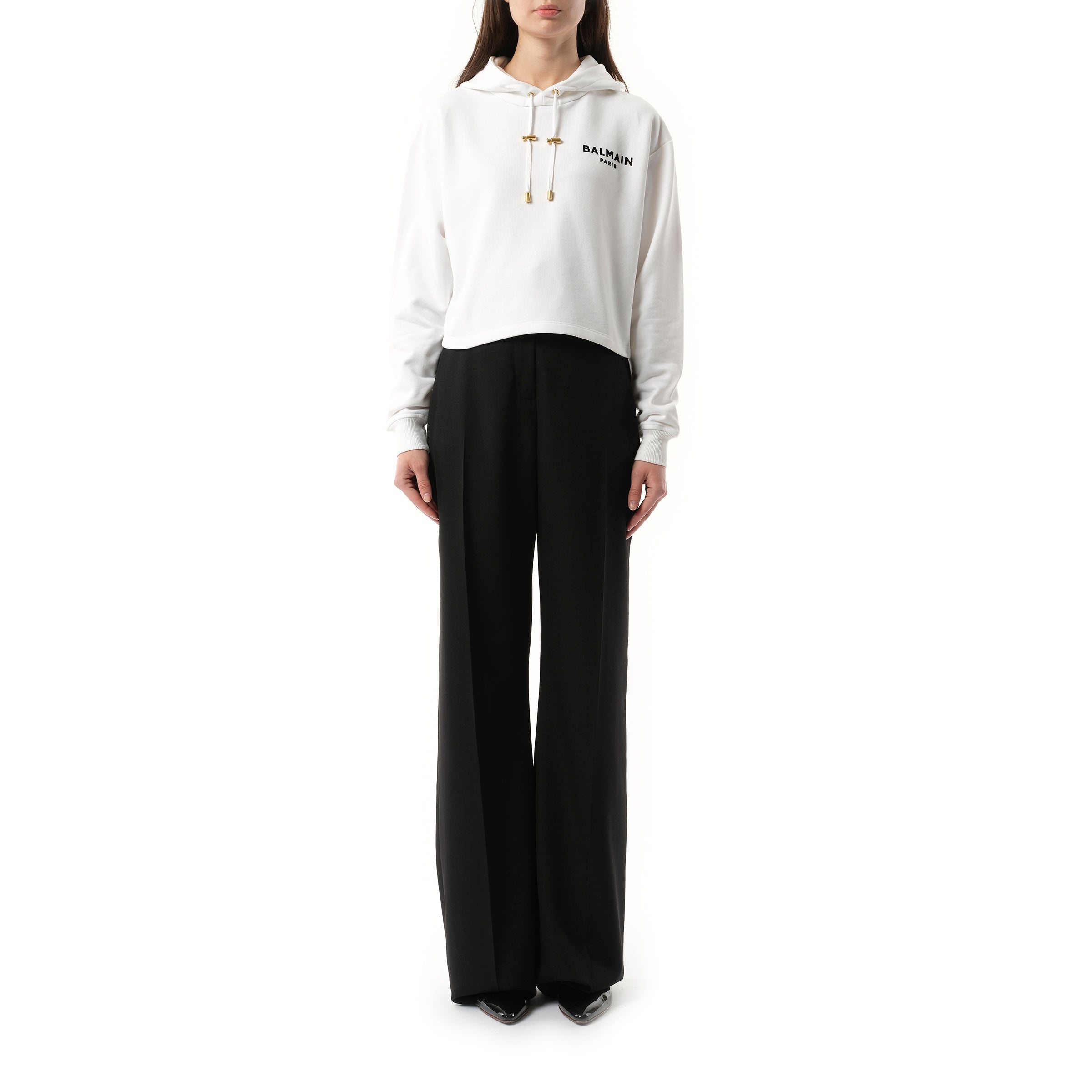Balmain Flock Detail Cropped Hoodie in White/Black - 4