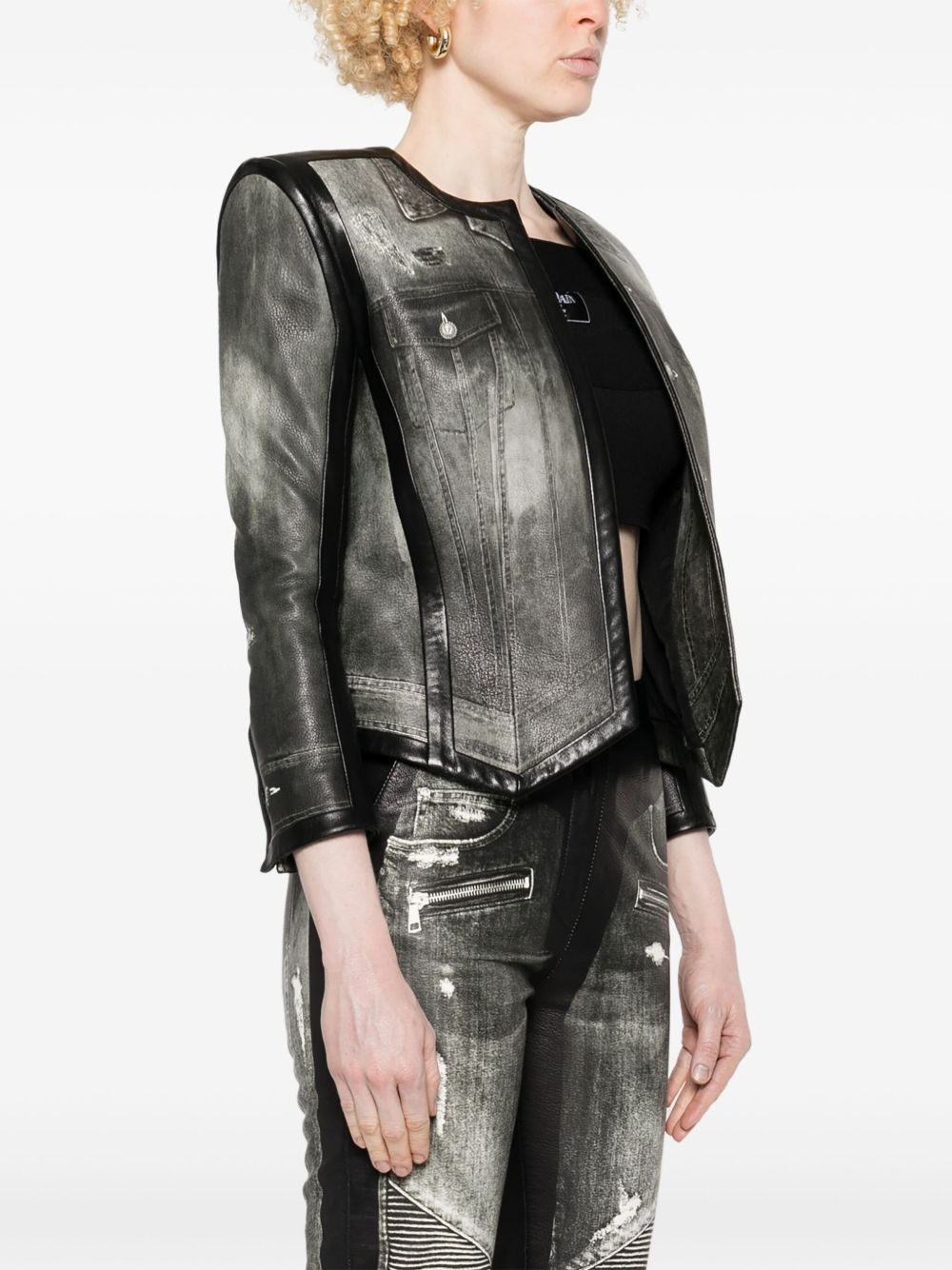 denim-print leather jacket - 3