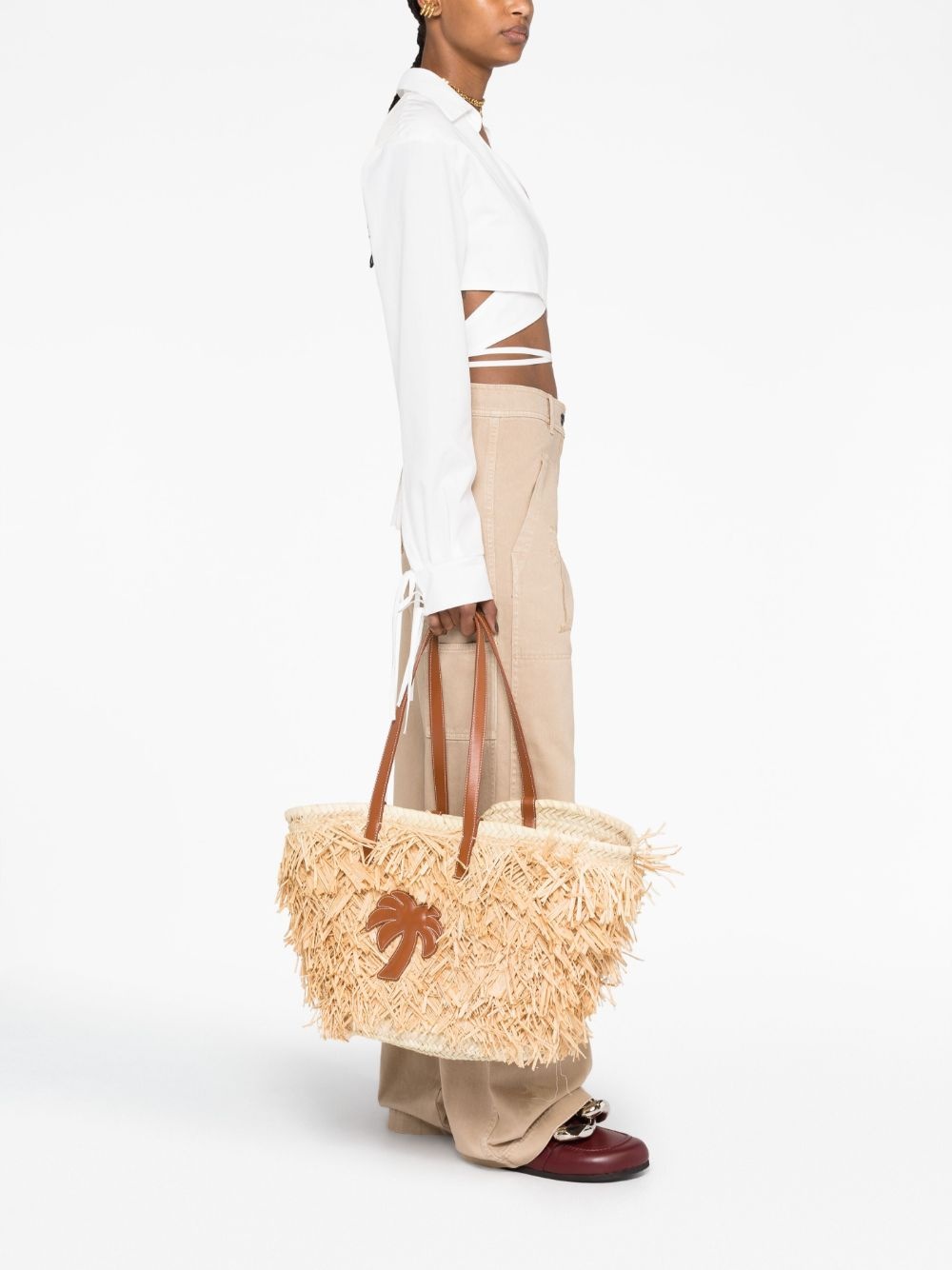 Palm-appliqué raffia tote bag - 2