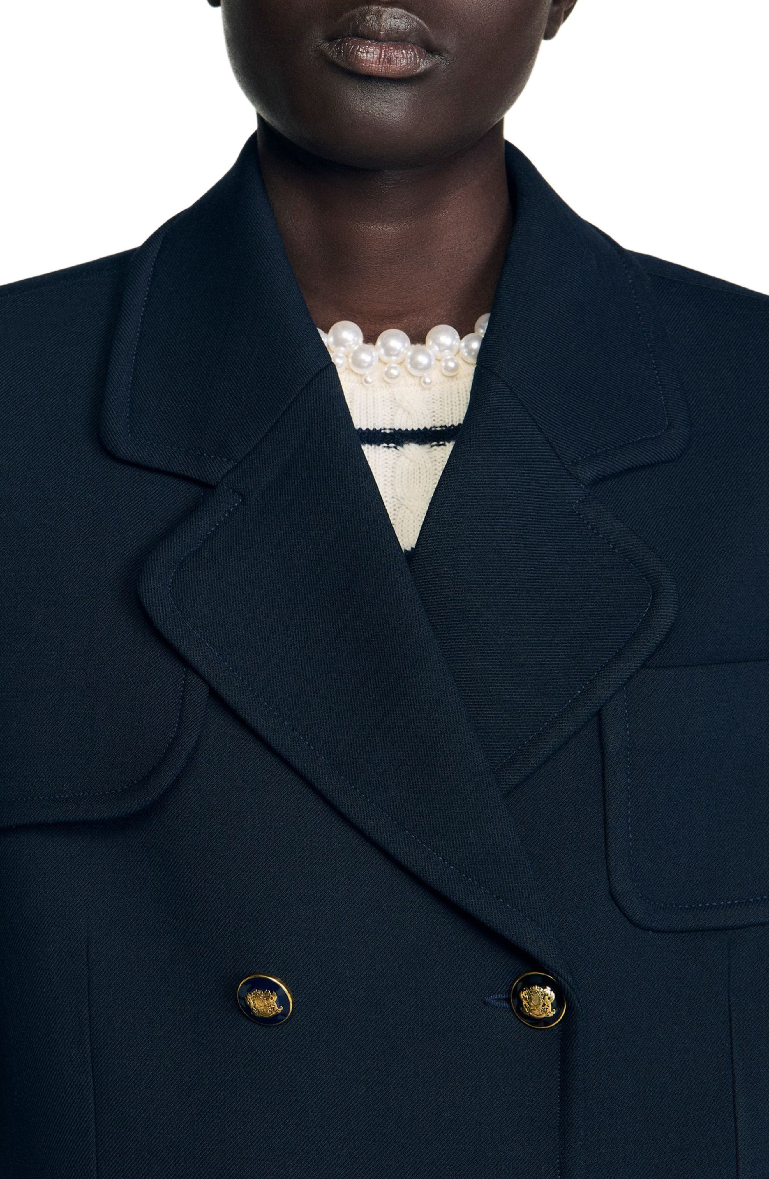 SANDRO Long double-breasted coat in Navy Blue at Nordstrom - 5