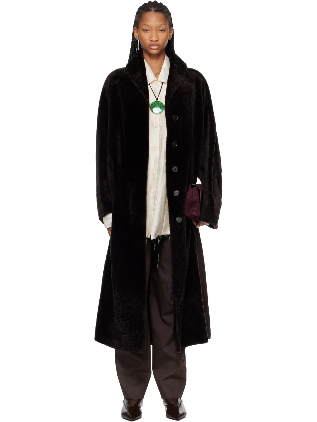 Brown Shearling Shawl Collar Coat - 1