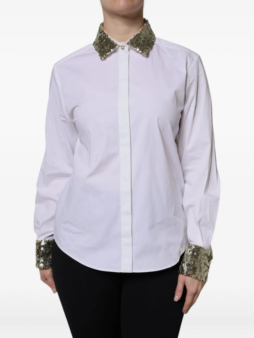White Cotton Long Sleeves Sequin Shirt Top - 1