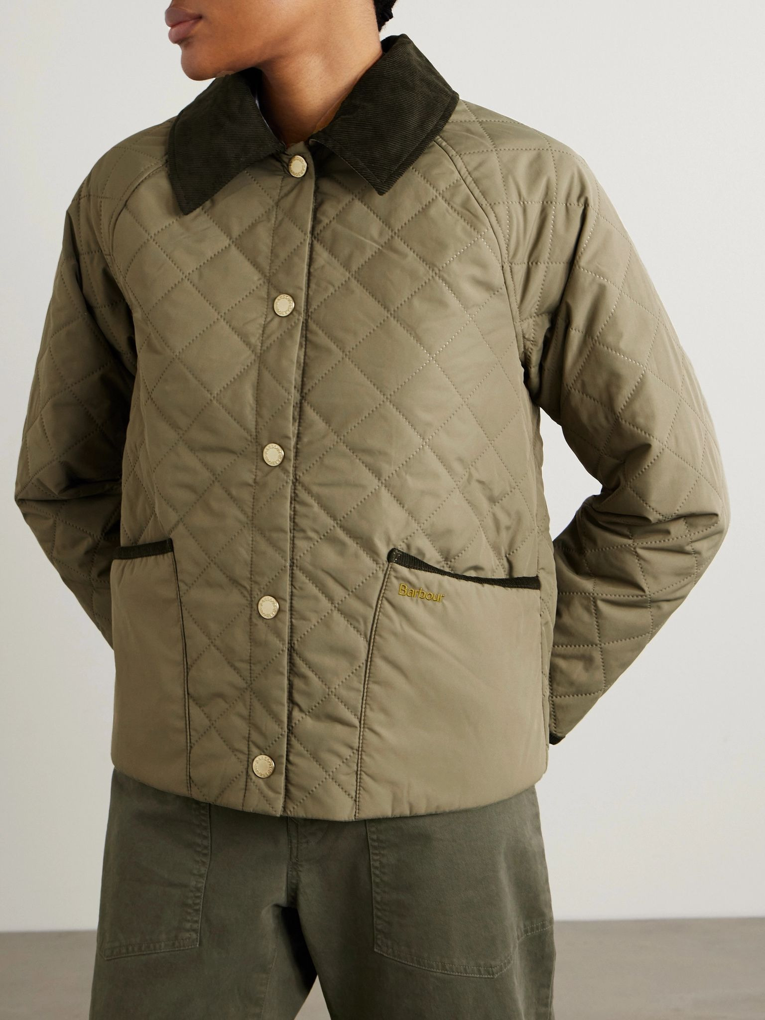 Anise corduroy-trimmed cropped quilted shell jacket Gray green - 3