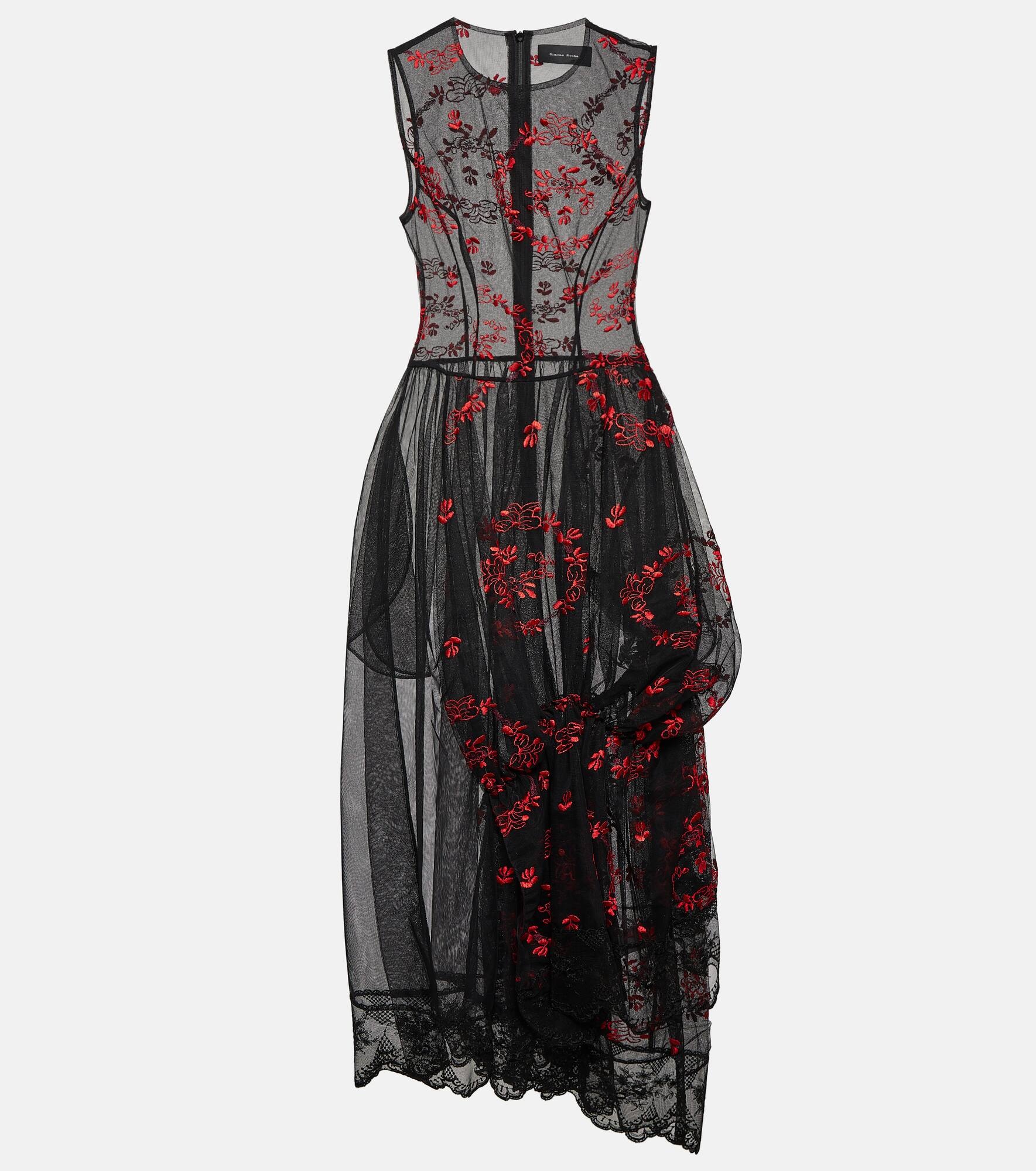 Floral embroidered tulle midi dress - 1