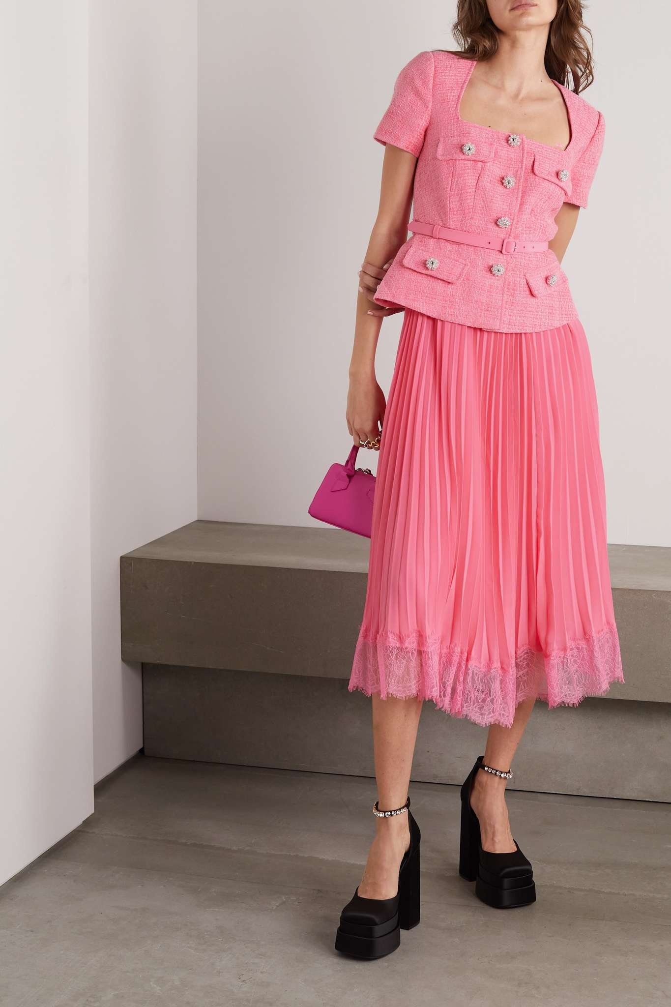 ◆関税込◆【Self-Portrait】Pink Boucle Chiffon Midi Dress Pink Boucle Midi Dress – self-portrait-US
