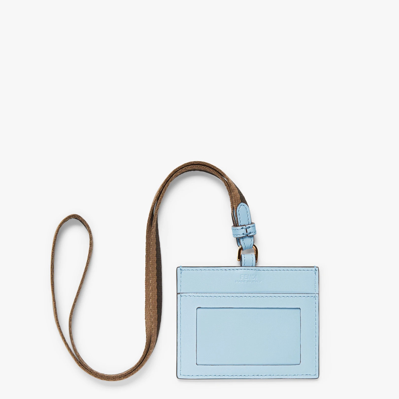 Fendi Roma name badge with a flat pocket and Pequin ribbon strap. Made of light blue leather. Embell - 2