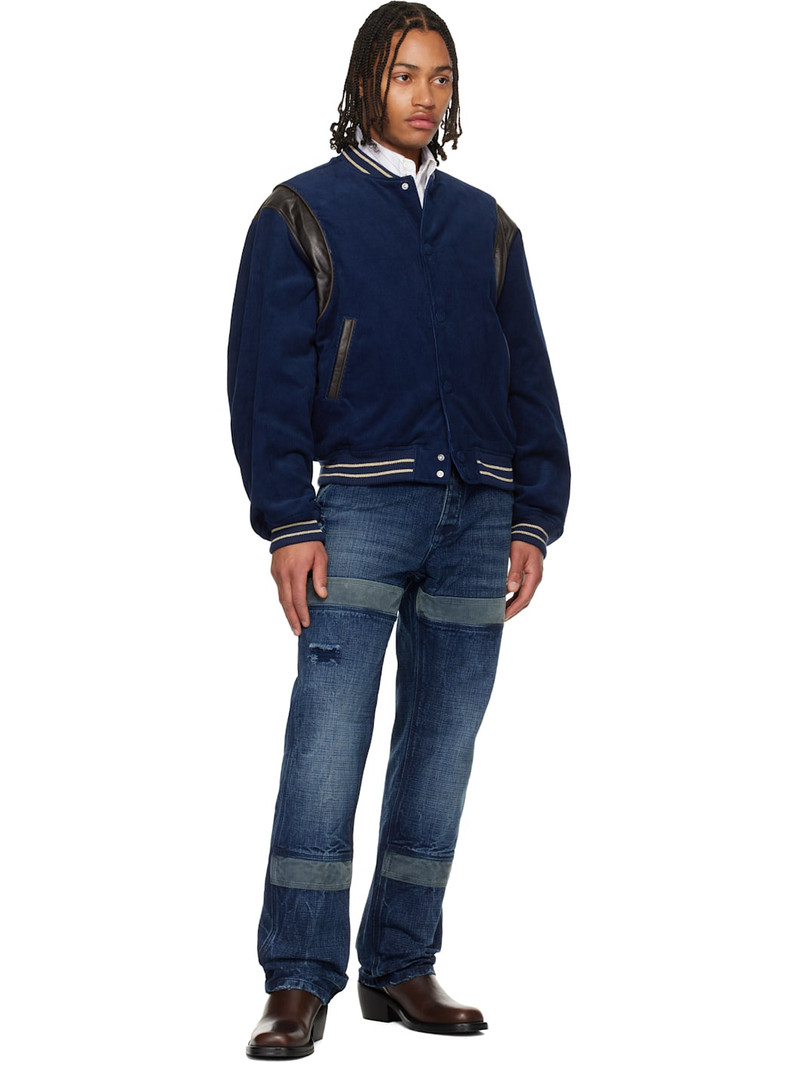 We11done Navy Leather Point Stadium Jacket outlook