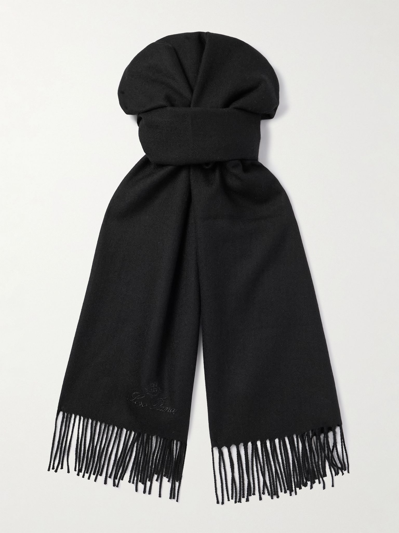 Logo-Embroidered Fringed Herringbone Cashmere Scarf Black - 1