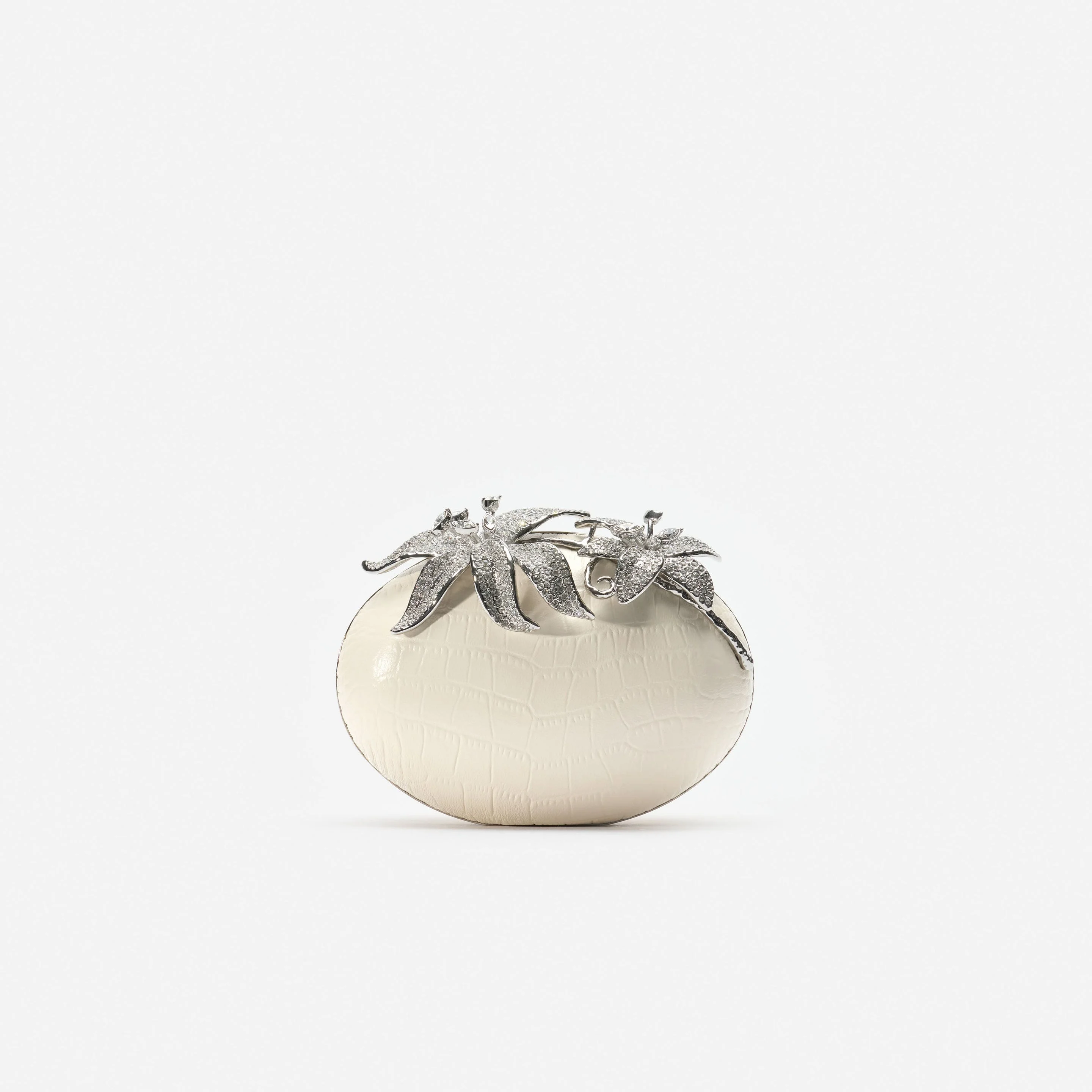 Cream Leather Crystal Flower Oval Clutch Bag - 1