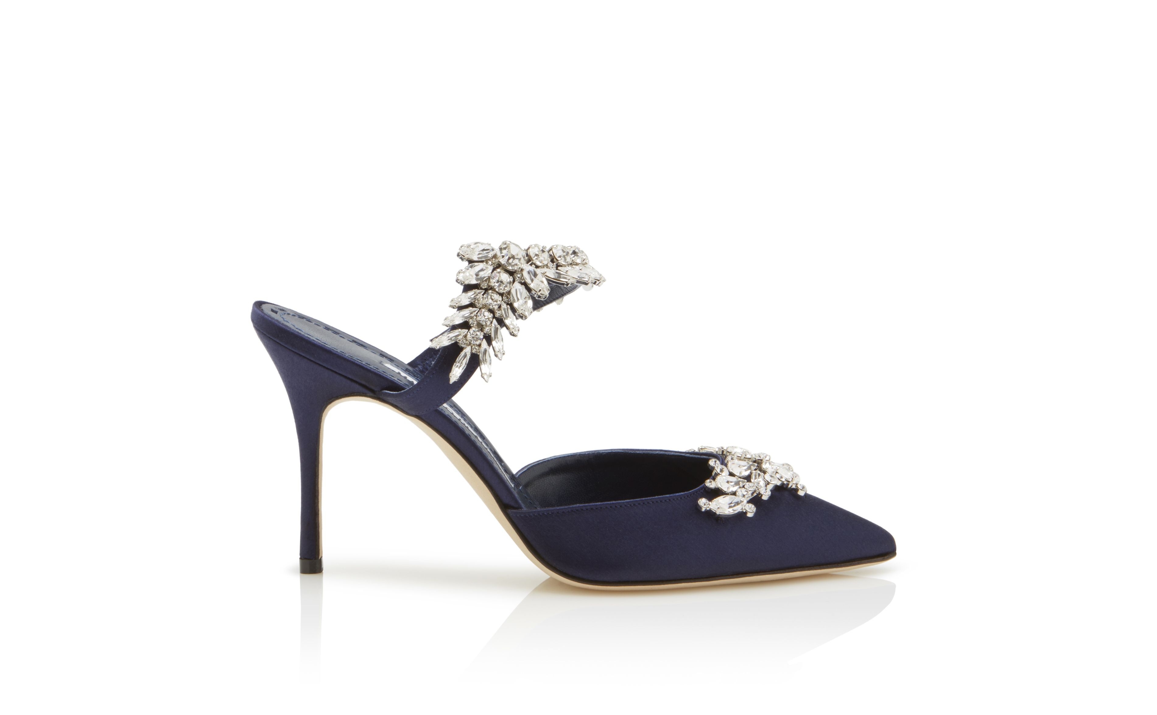 Manolo Blahnik Navy Satin Crystal Embellished Mules | REVERSIBLE