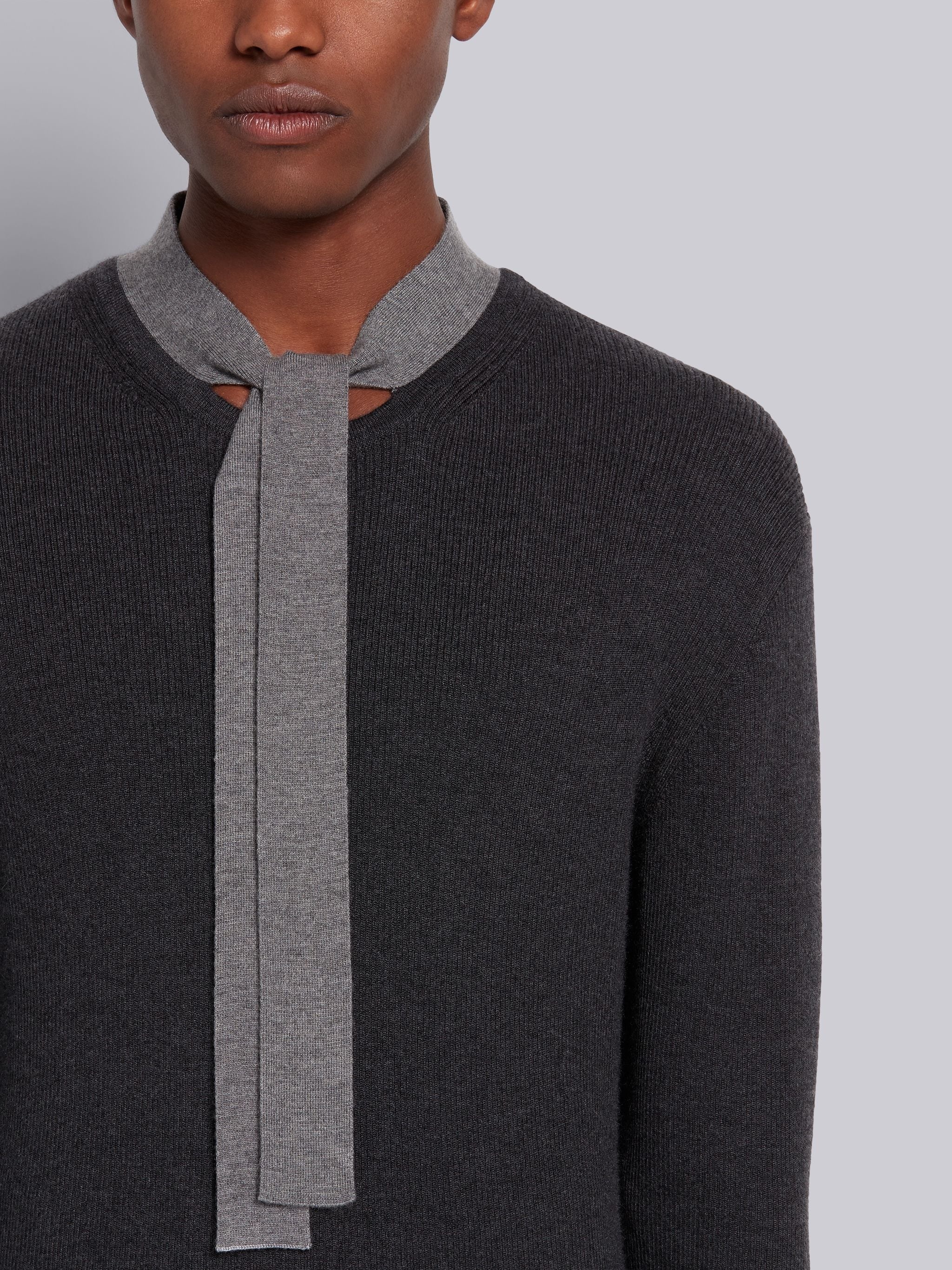 Dark Grey Cashmere Rib Neck Tie Crewneck Pullover - 5