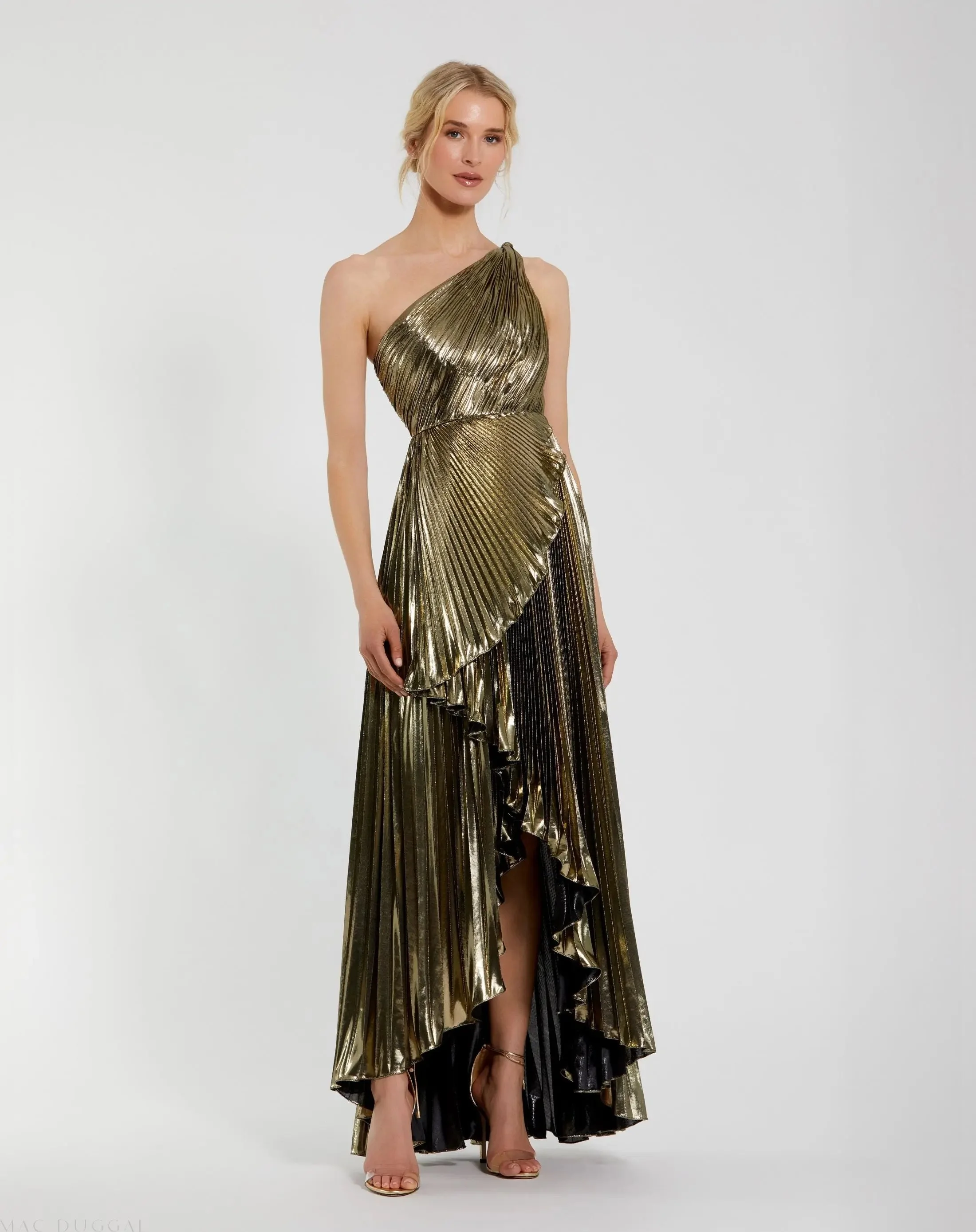 Gold Metallic Pleated One Shoulder Gown - 1