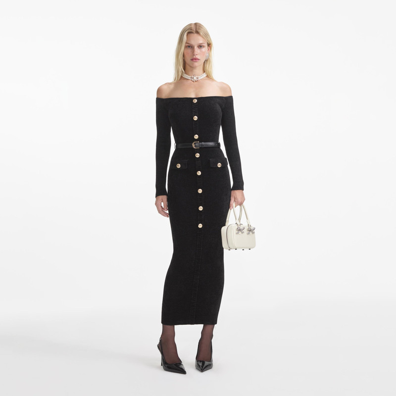 Black Chenille Knit Midi Dress - 1