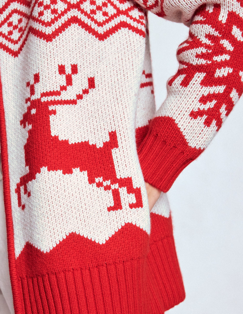 Zip Up Jacquard Cardigan-Poppy Red Reindeer 6