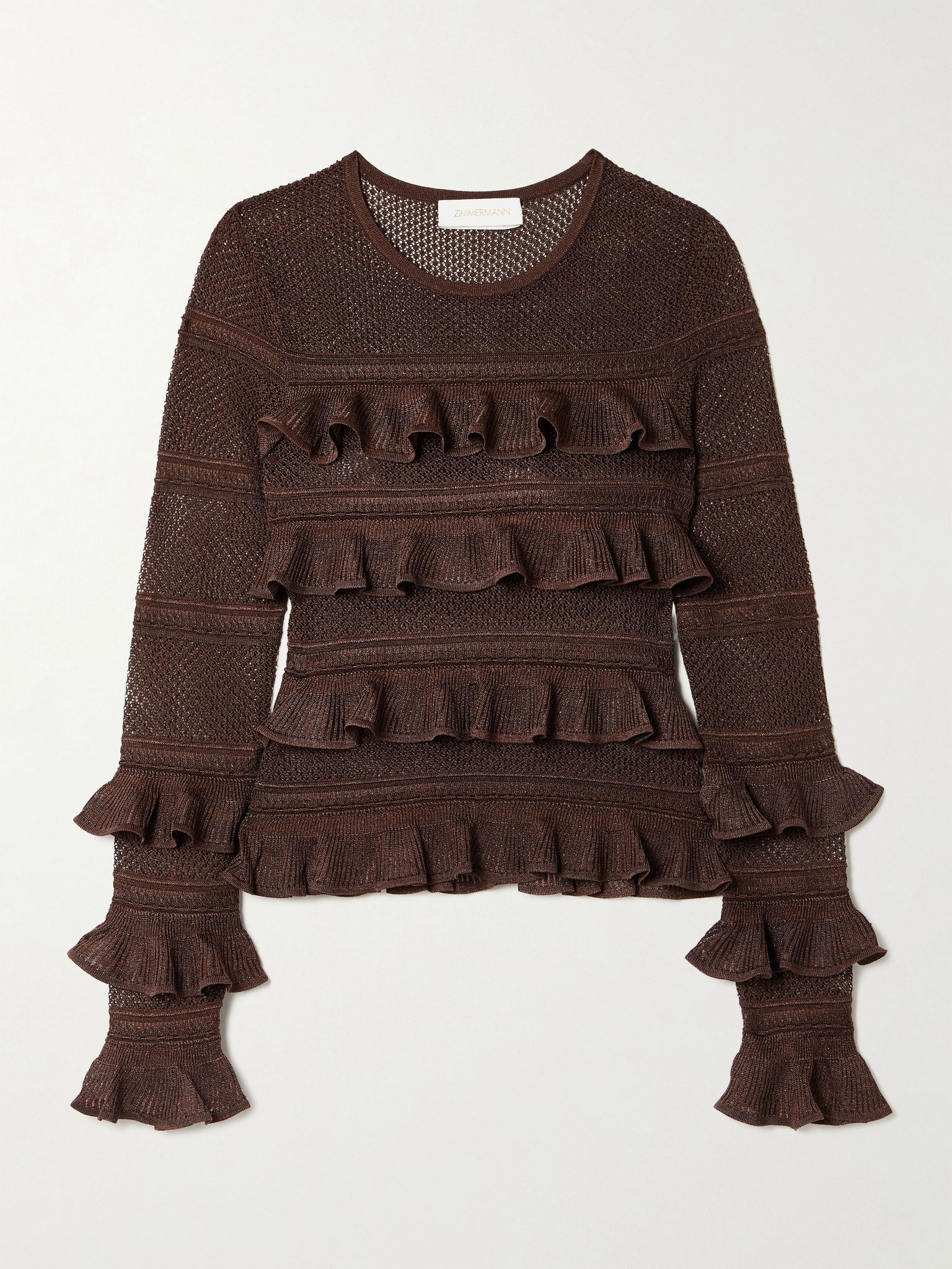 Ruffled metallic pointelle-knit top Chocolate - 1