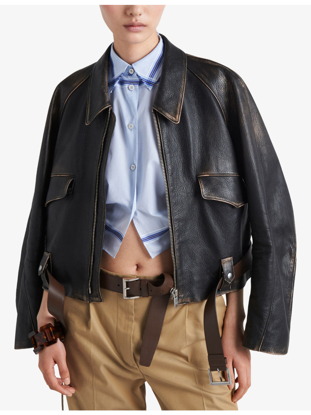 Belted-hem faded leather jacket - 3