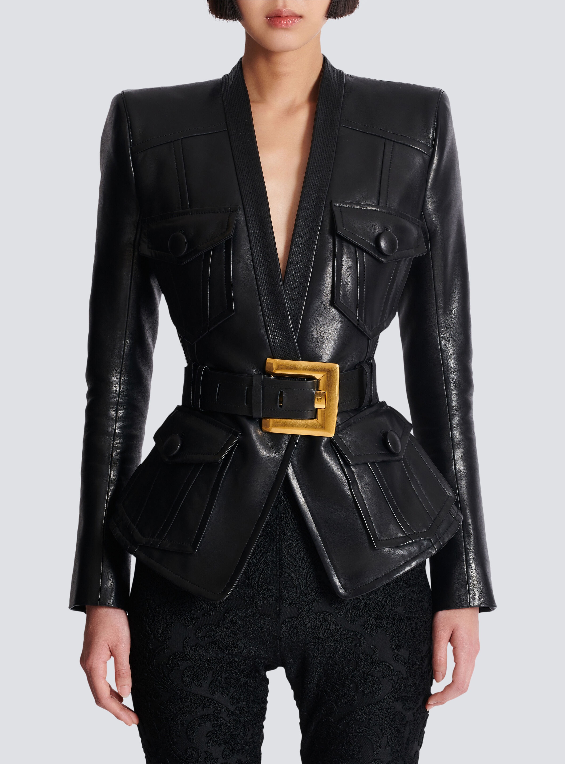 1-button belted leather jacket - 5