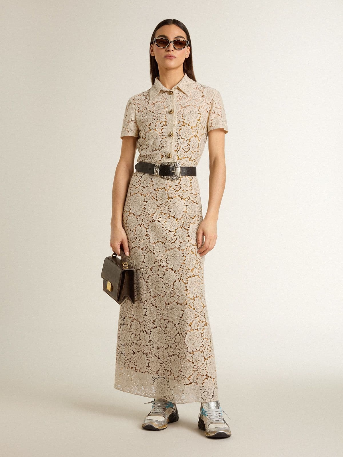 Women's midi dress in cream-colored see-through lace - 3