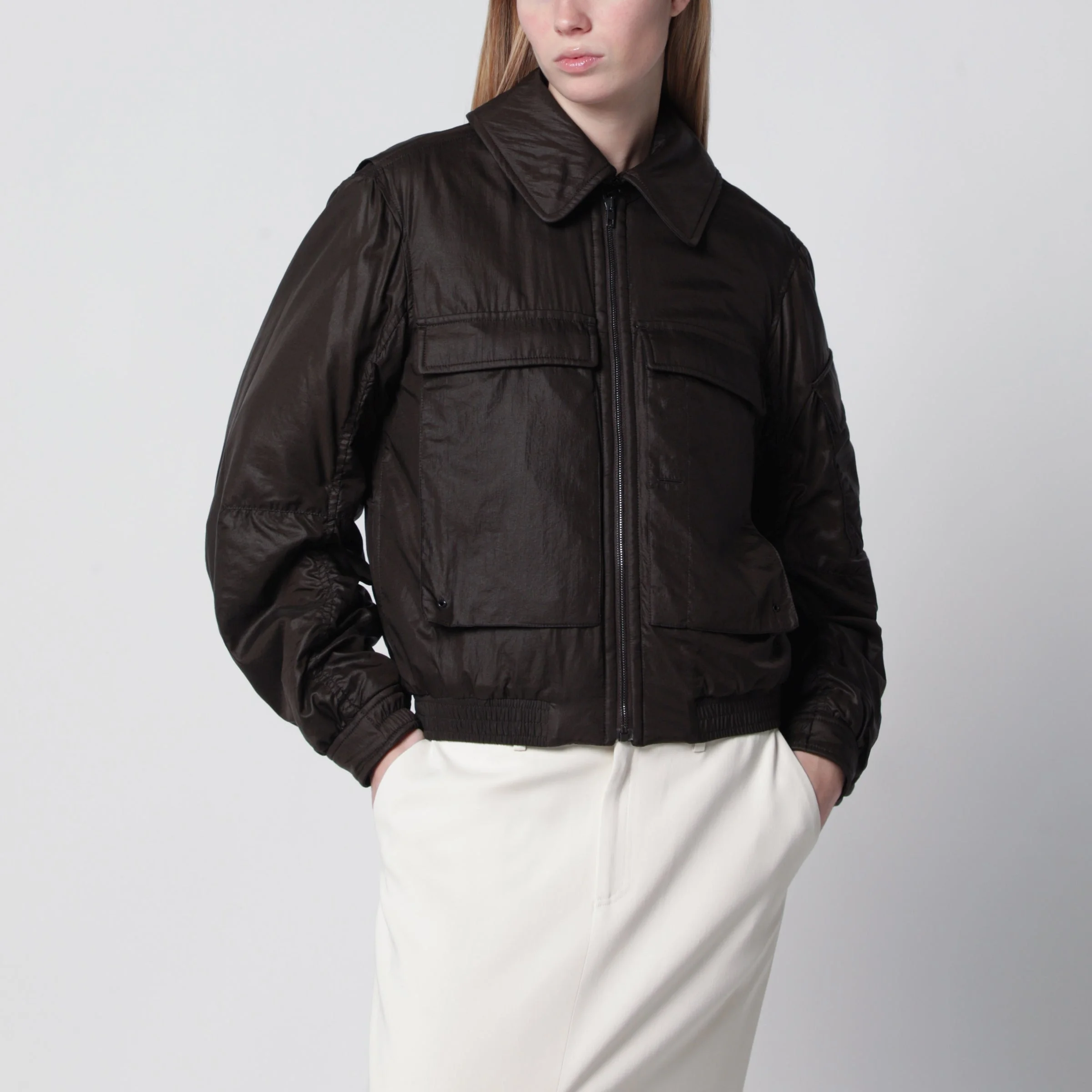 Bomber jacket with removable collar in brown polyamide - 1