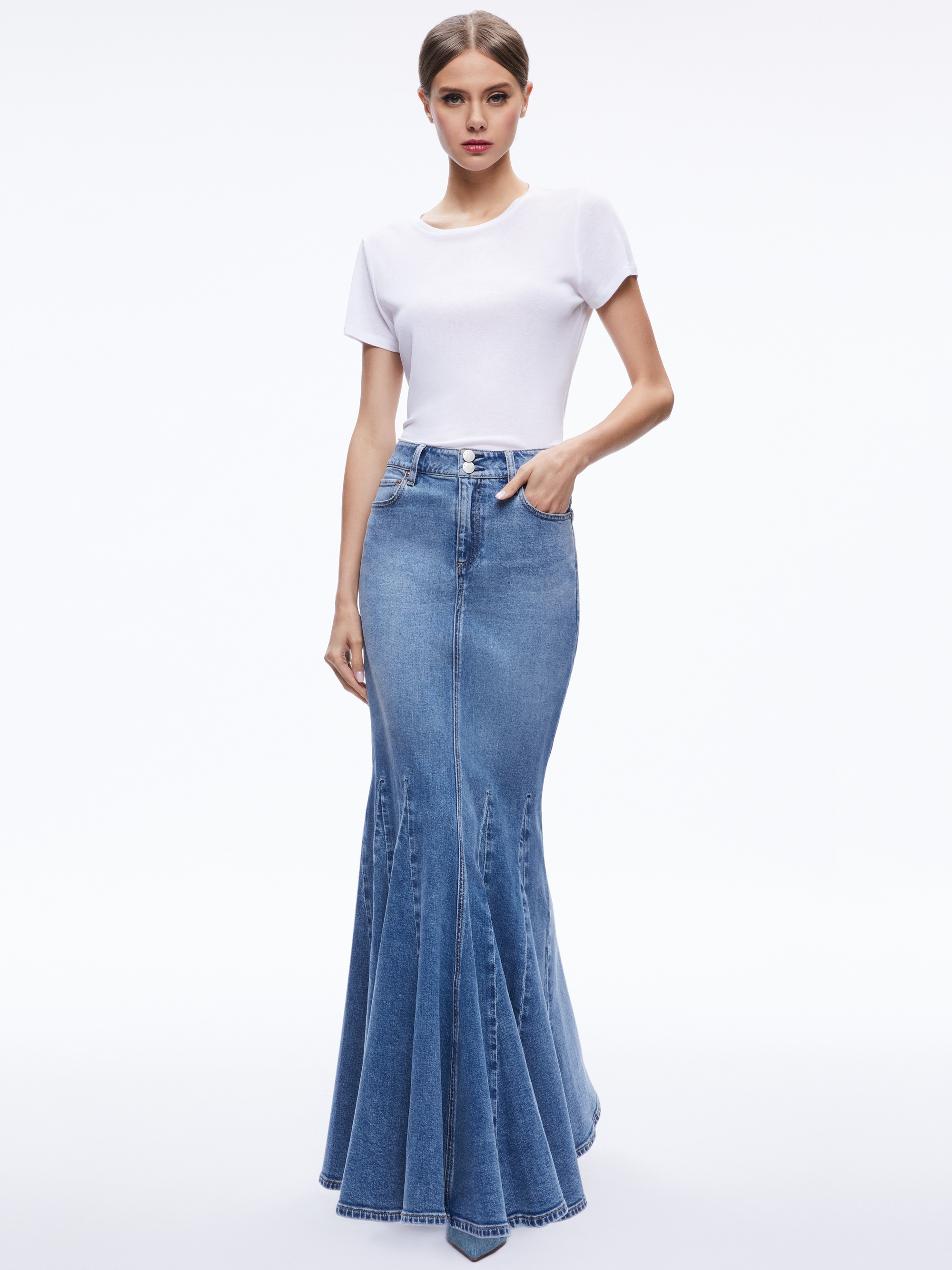 NALA DENIM GODET MAXI SKIRT - 6