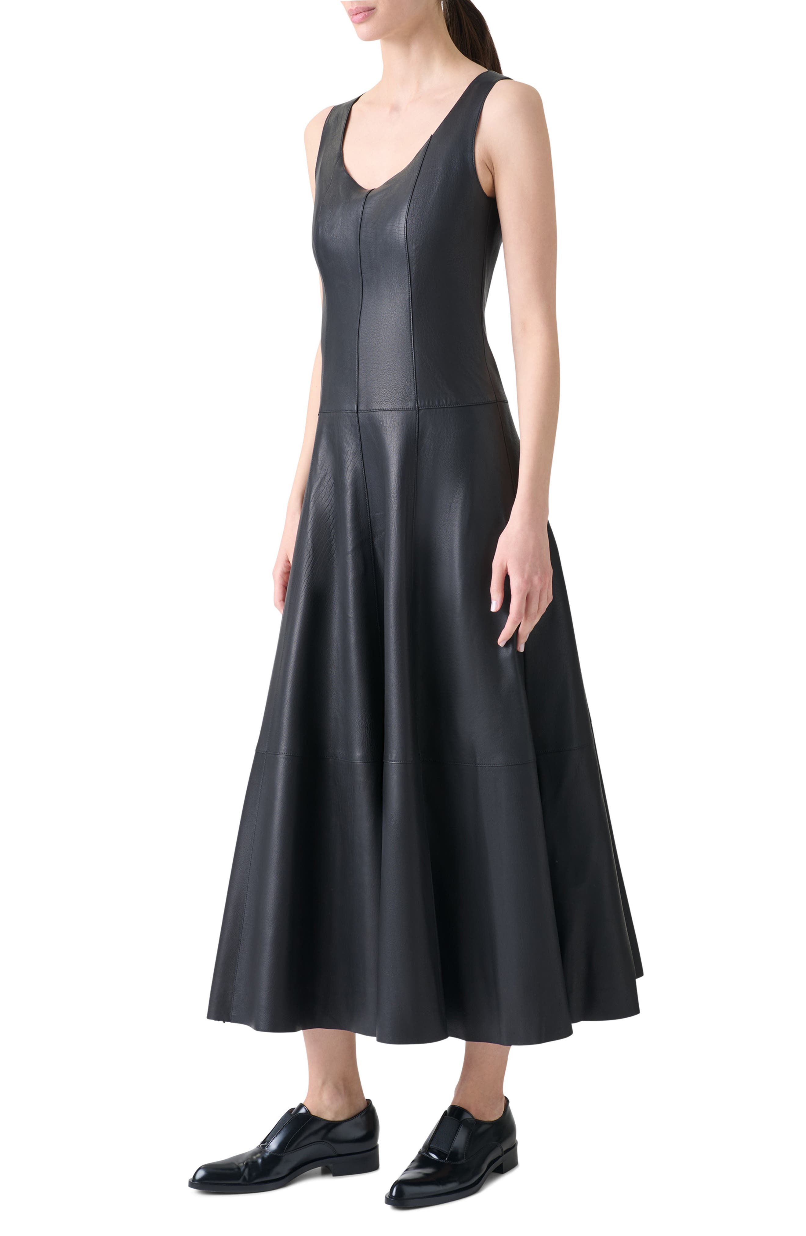 Akris Lambskin Leather Ballet Midi Dress in Black at Nordstrom - 3
