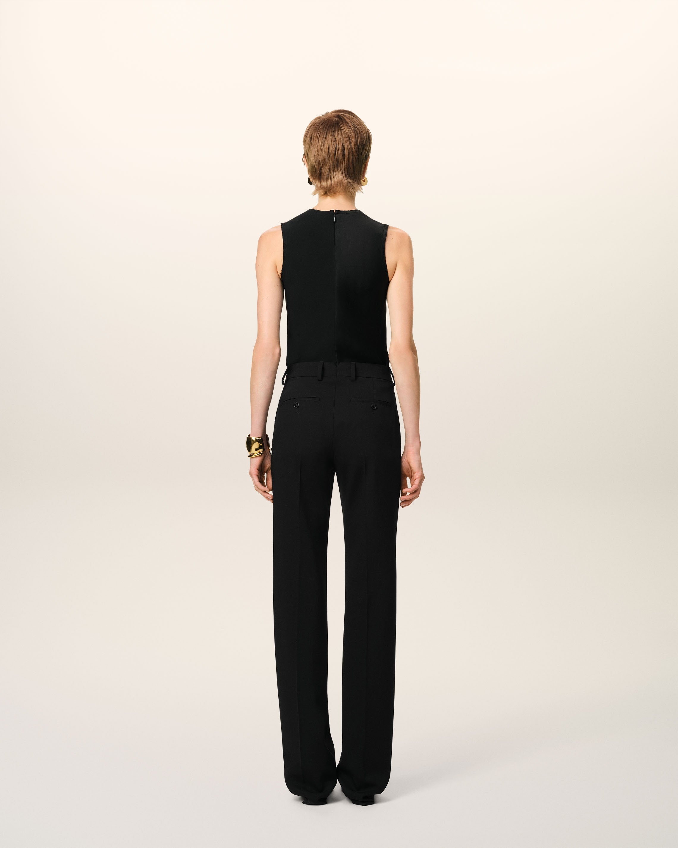 BLACK WOOL CONTRASTED STRAIGHT TROUSERS - 4