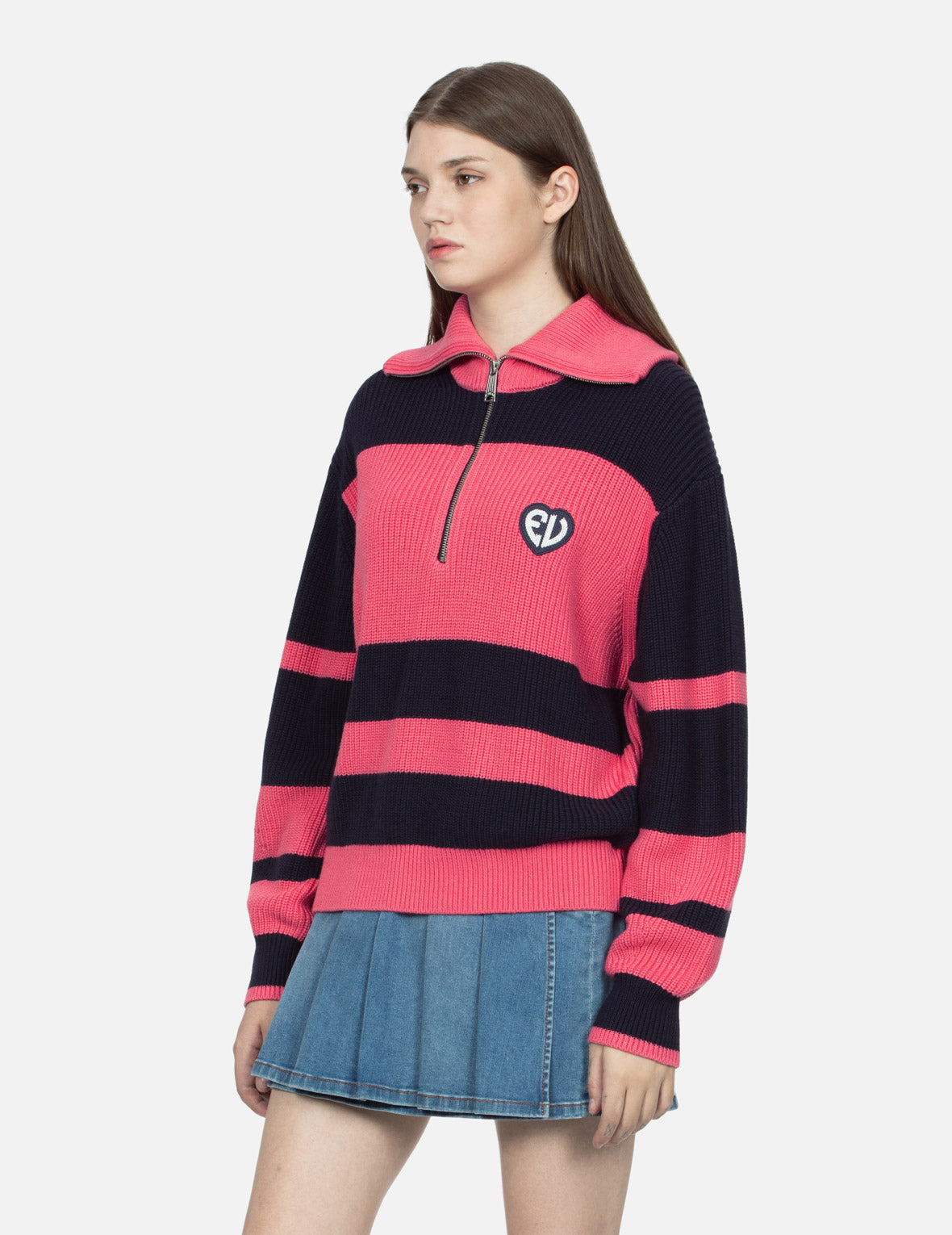 “EV” HEART BADGE STRIPED CROPPED HALF-ZIP SWEATER - 7