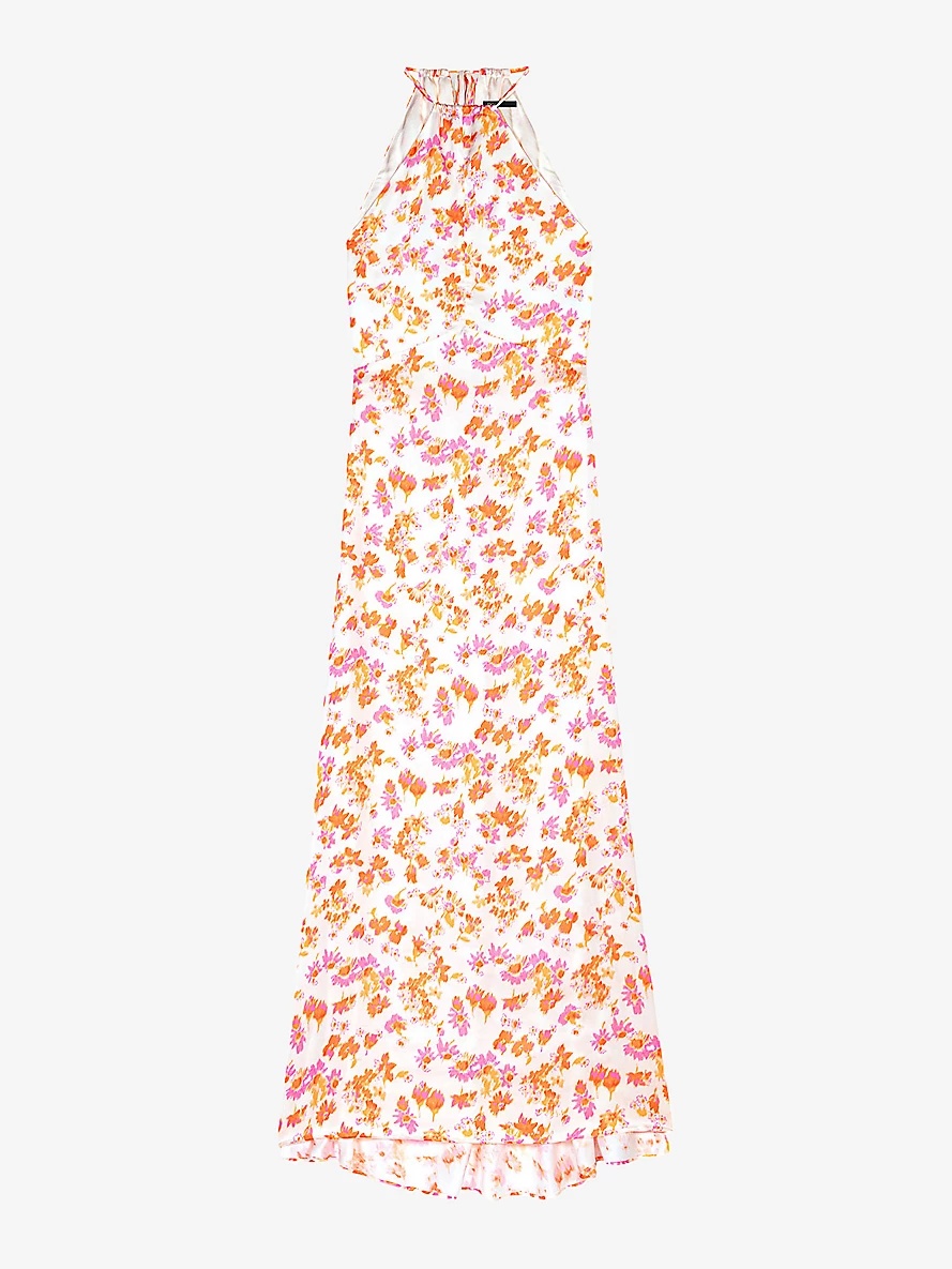 Floral-pattern drawstring-neck satin maxi dress - 1