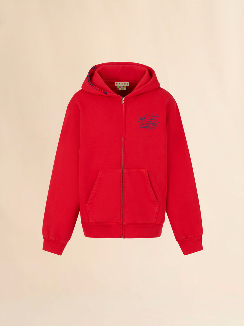 MARNI + MADHAPPY RED COTTON ZIP HOODIE WITH ANIMAL PRINT - 1