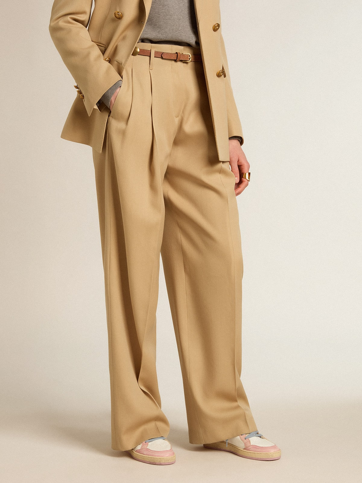 Women’s wool gabardine pants in sand - 5