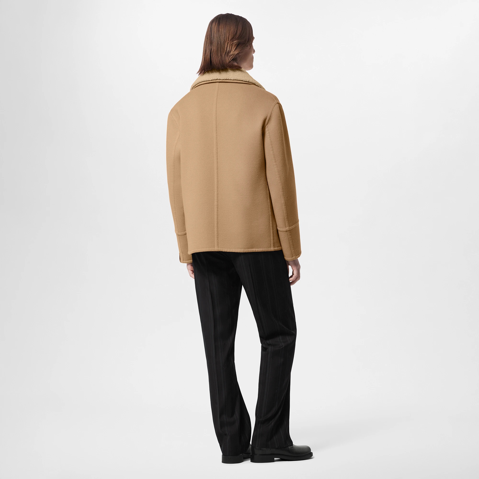 Double Face Wool-Silk Peacoat With Shearling Collar - 5