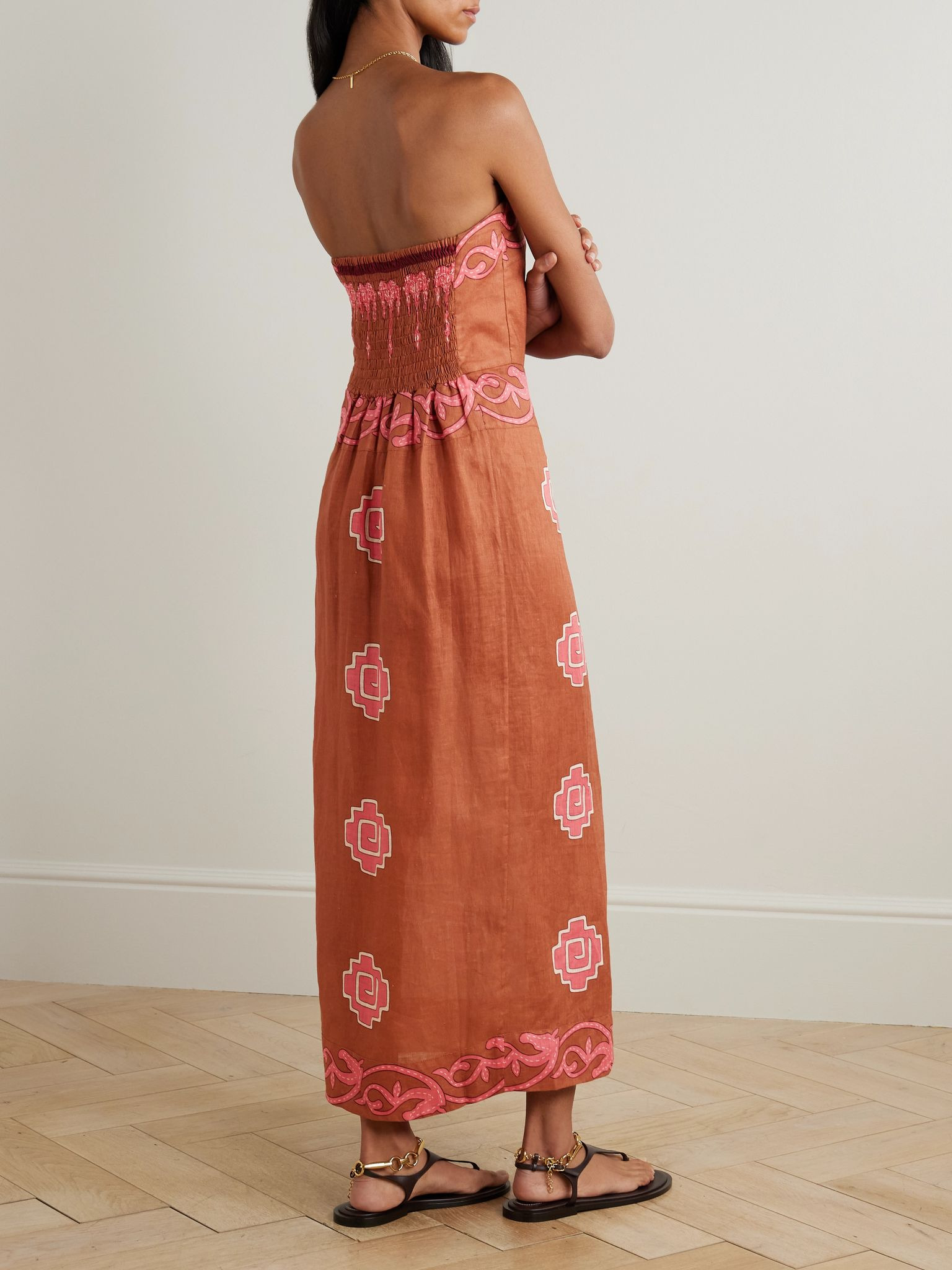 Ancient strapless wrap-effect printed linen midi dress Pink - 3