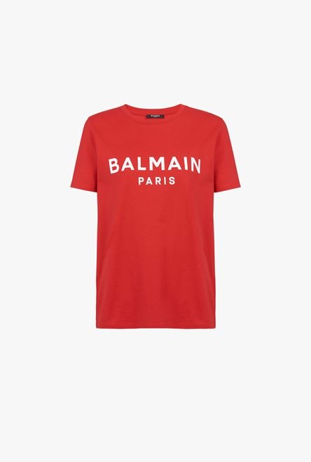 Red eco-designed cotton T-shirt with white Balmain logo print - 1