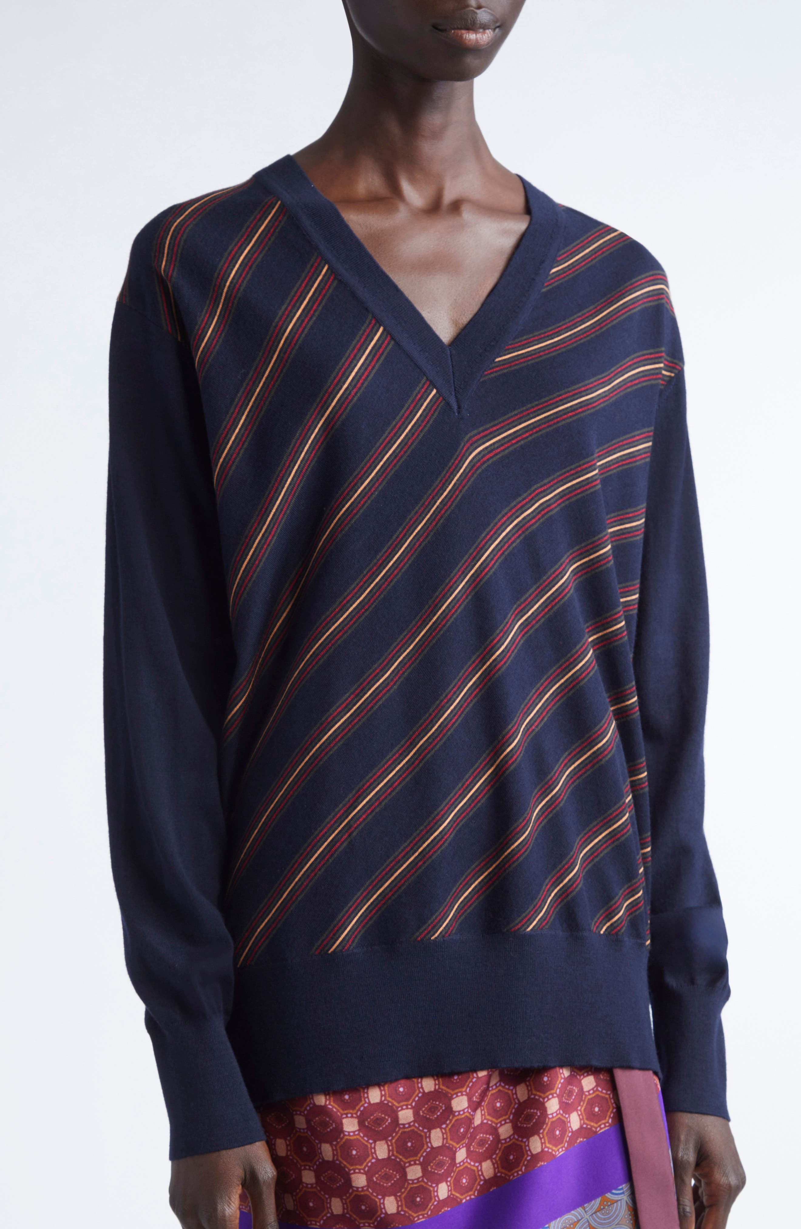 Dries Van Noten Tishana Merino Wool V-Neck Sweater in Navy at Nordstrom - 5