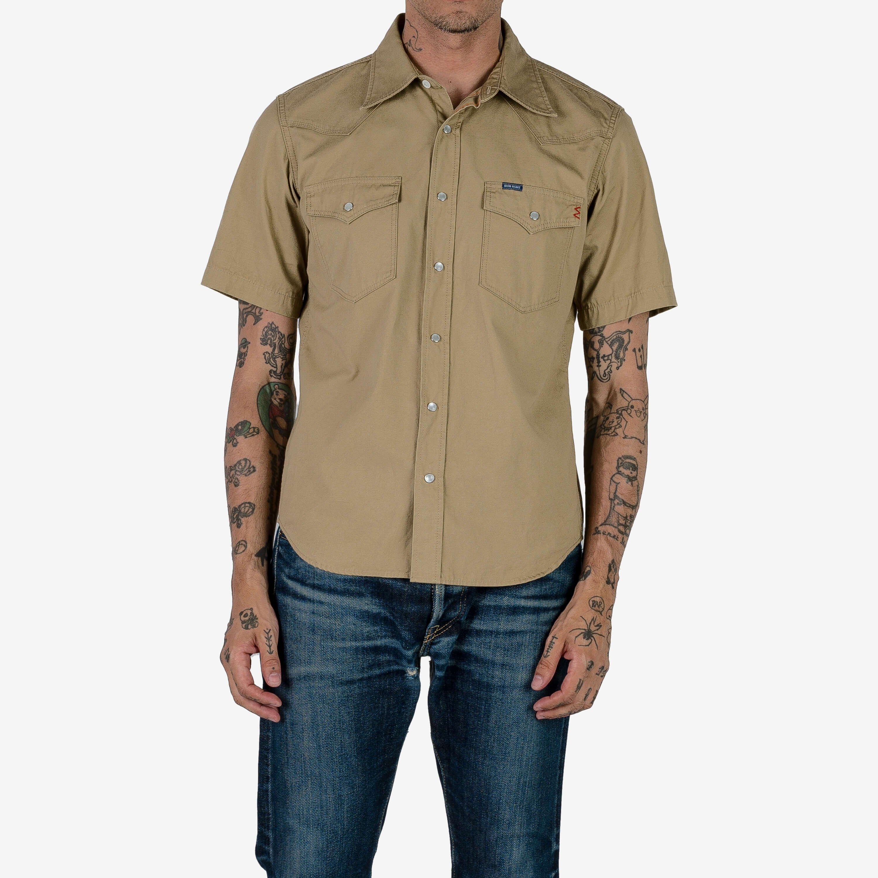 IHSH-387-KHA 7oz Fatigue Cloth Short Sleeved Western Shirt - Khaki - 2