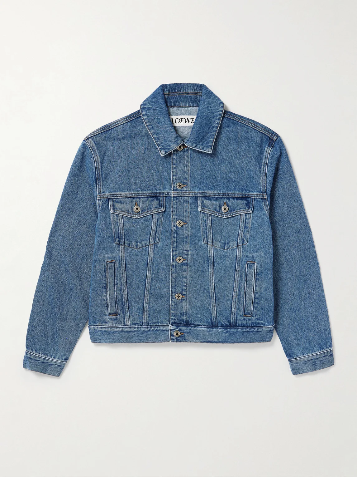 Anagram Leather-Trimmed Embroidered Denim Trucker Jacket - 1