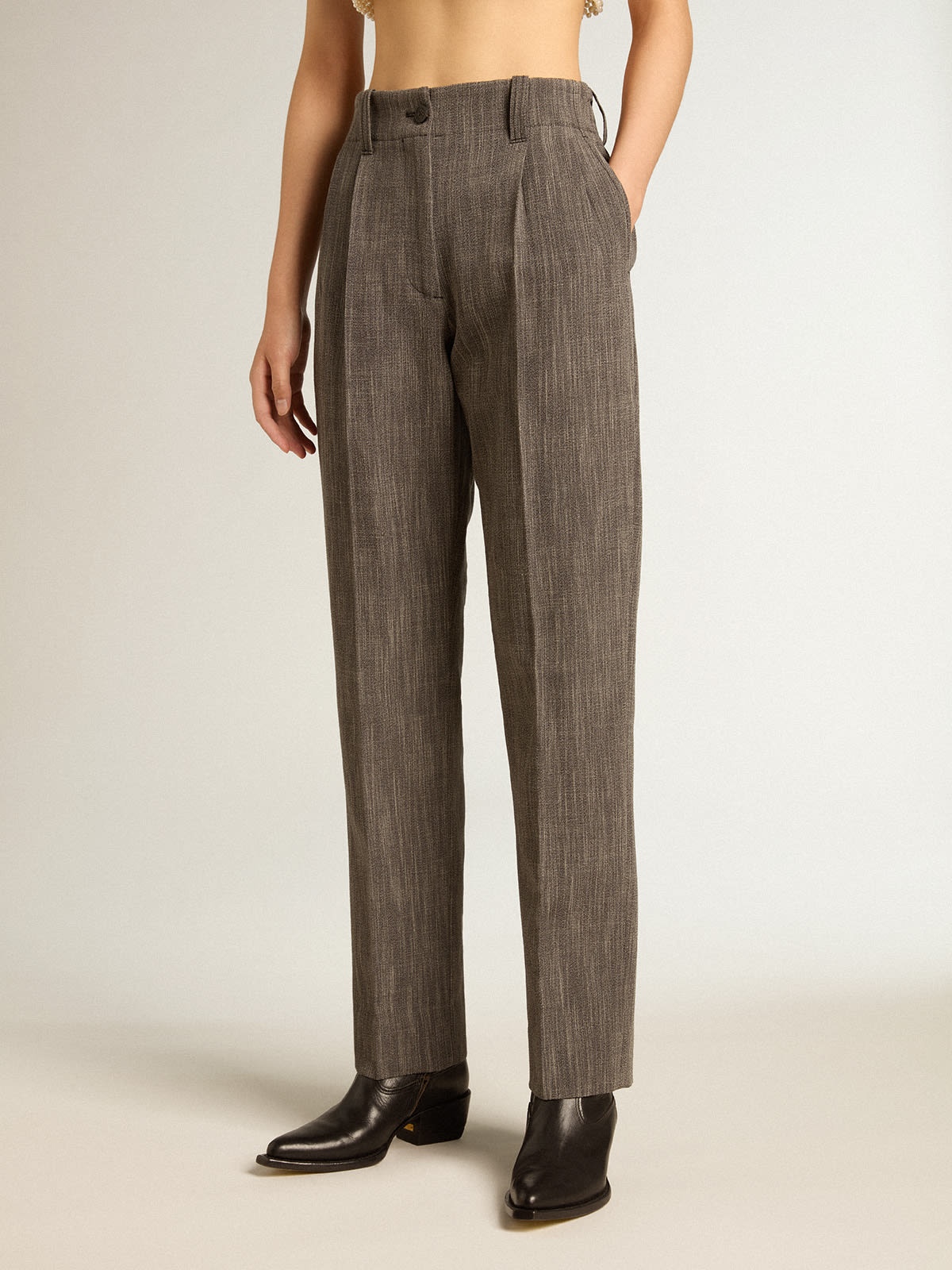 Women’s high-waisted pants in gray melange wool blend - 2