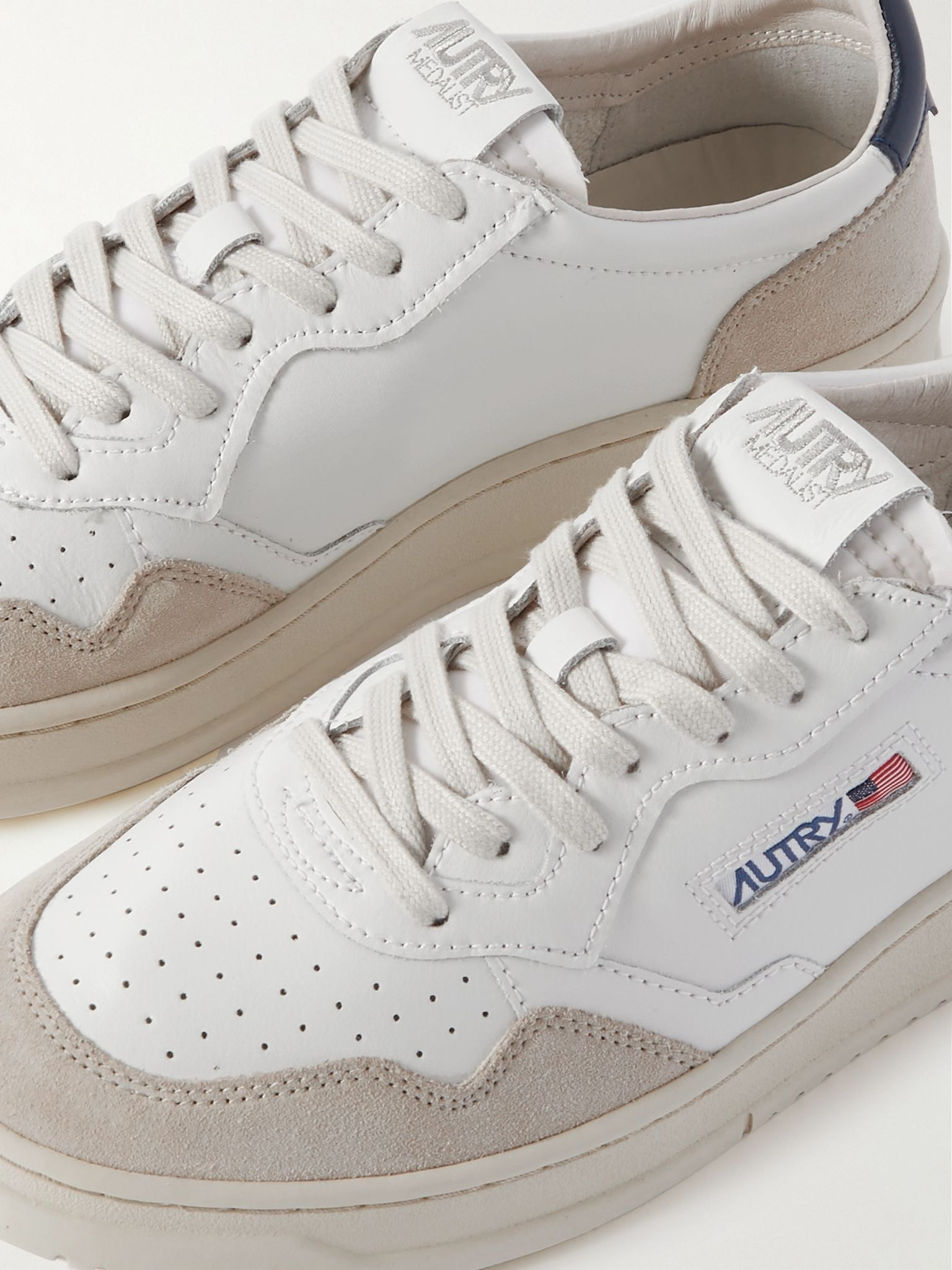 Suede-Trimmed Perforated Leather Sneakers Beige - 6