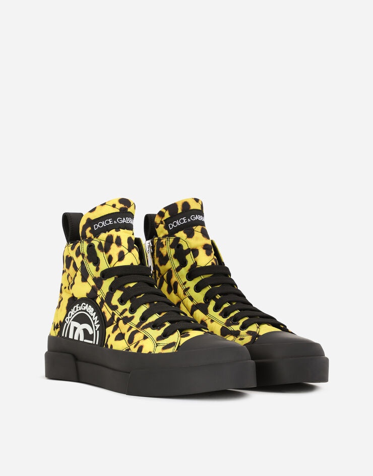 Quilted nylon Portofino Light mid-top sneakers with leopard print over yellow base - 2