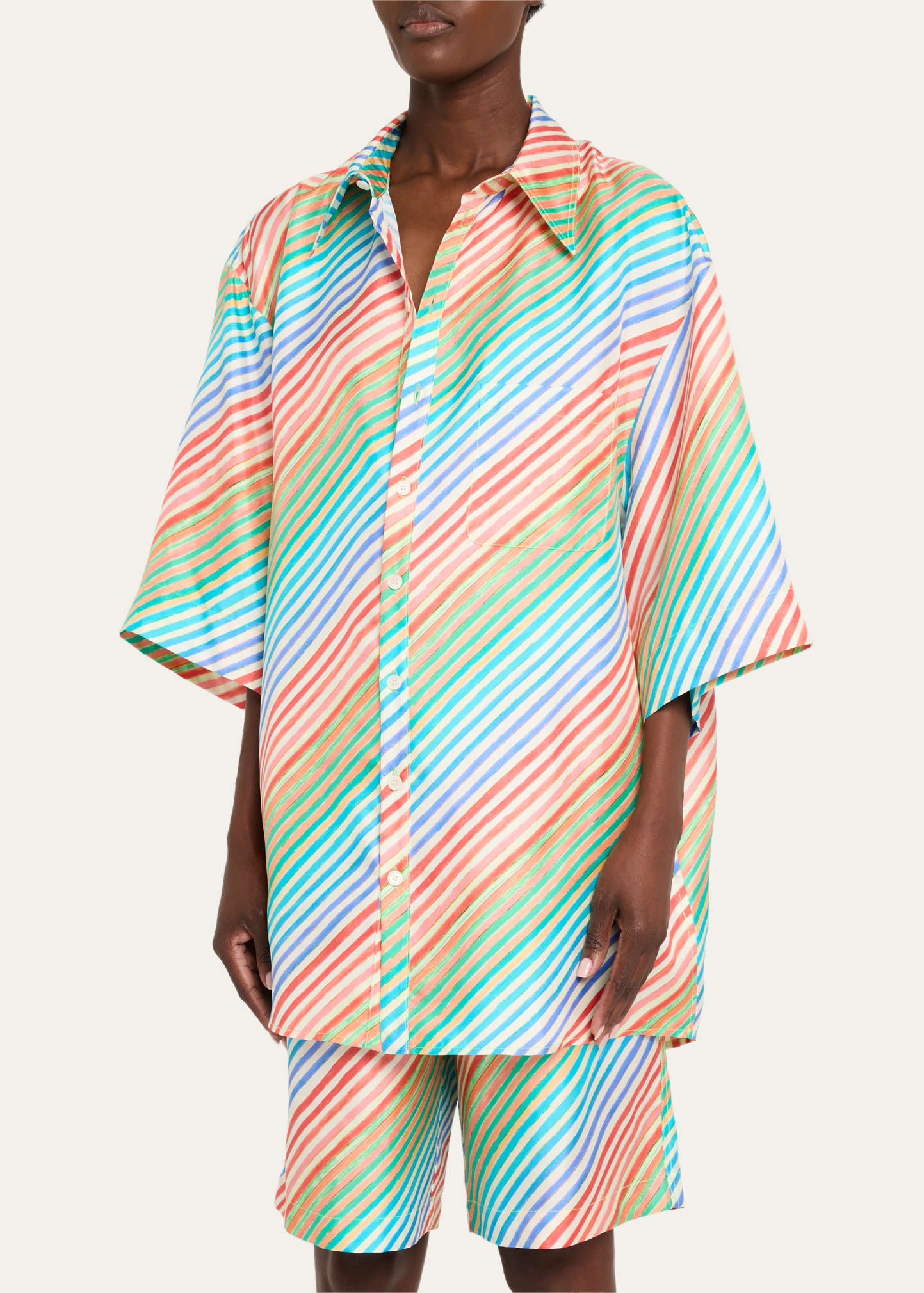 Crayon Stripe Jumbo Short Sleeve Silk Shirt - 4