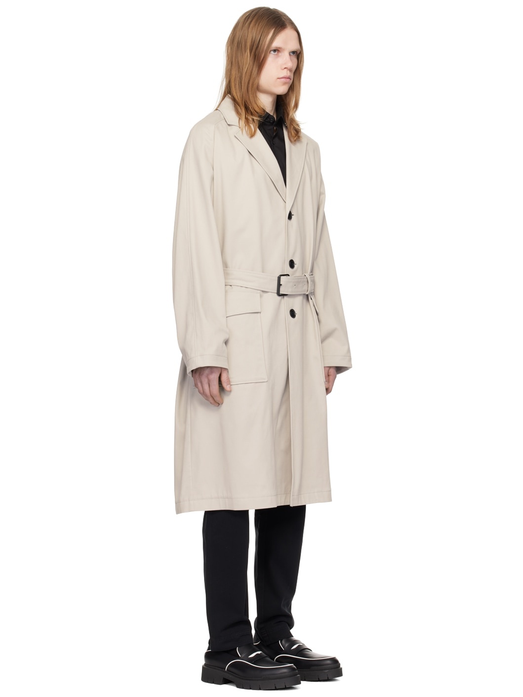 Beige Notched Lapel Trench Coat - 2