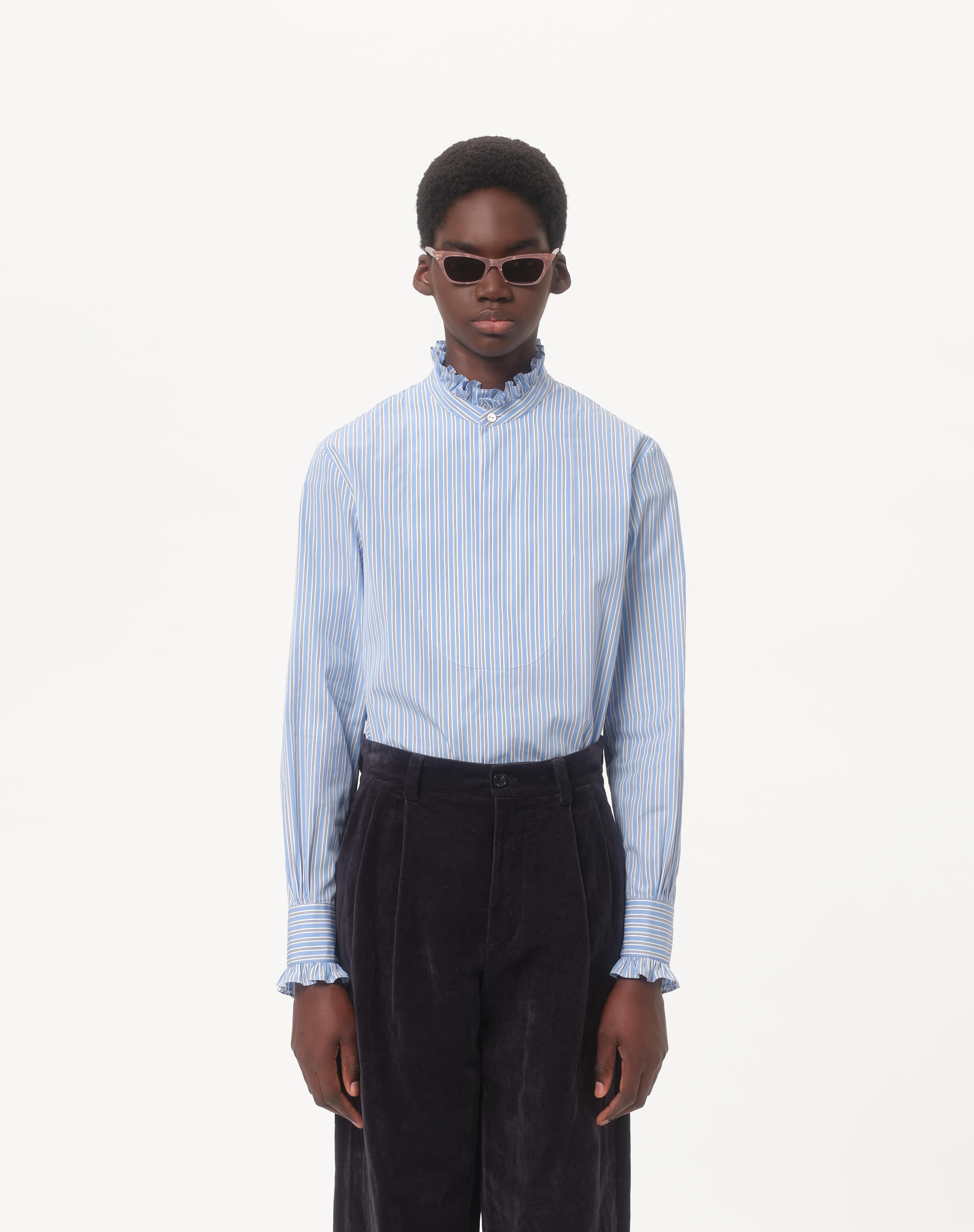 STRIPED COTTON SHIRT WITH PLASTRON AND RUFFLES - 4