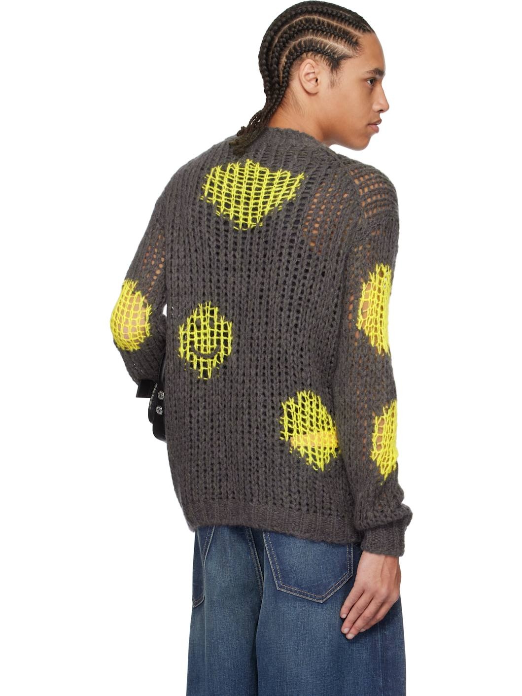 Gray & Yellow Embroidered Mohair Sweater - 3