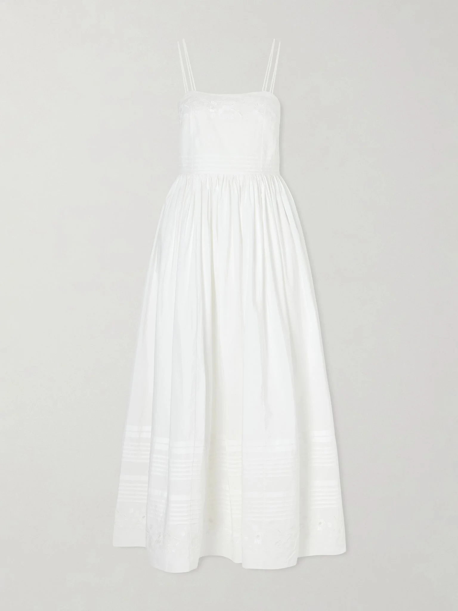 Chamomile pintucked embroidered cotton-poplin midi dress White - 1