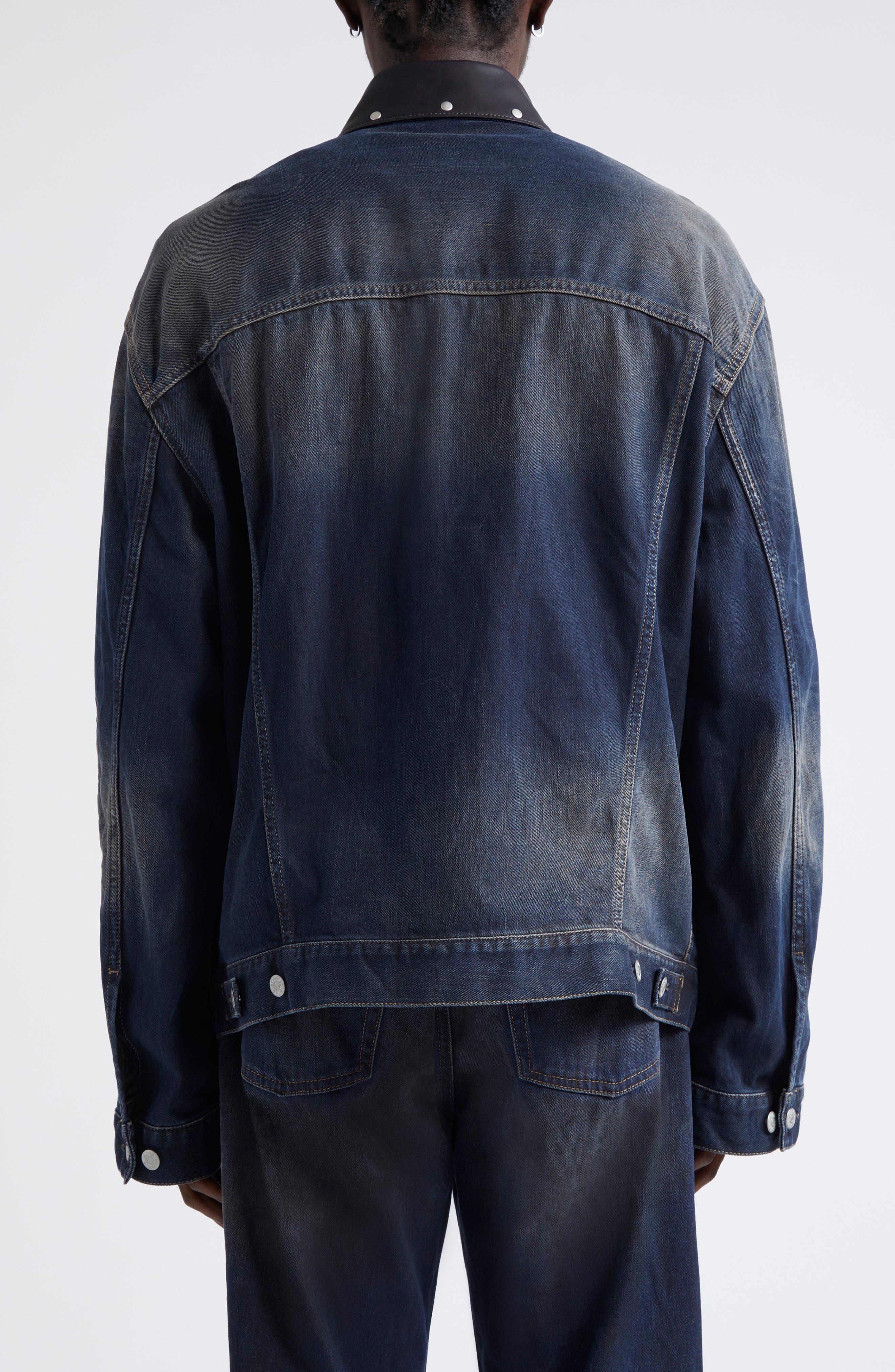 Acne Studios Leather Collar Oversize Denim Jacket in Dark Blue at Nordstrom - 3