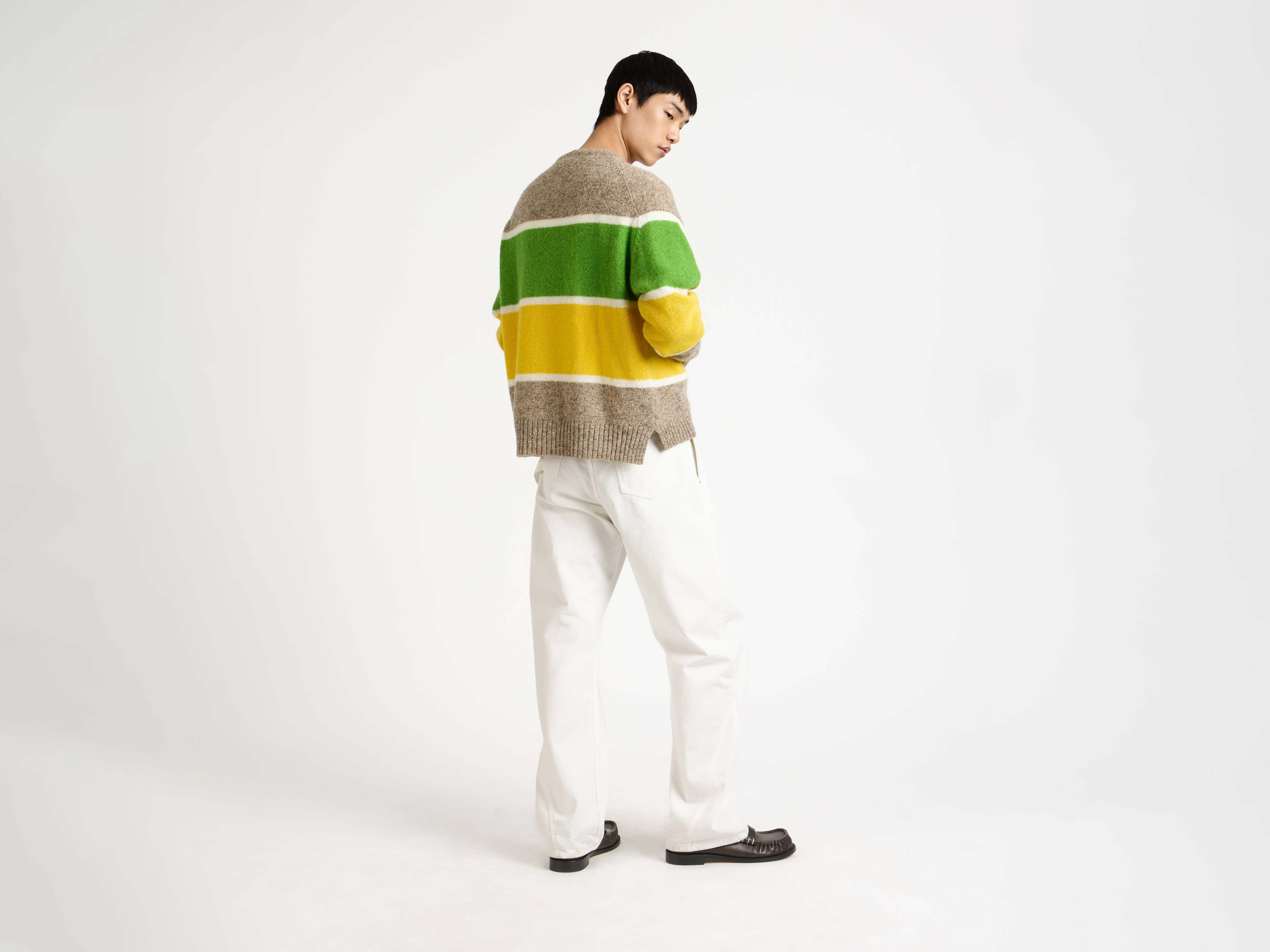 CONTRAST STRIPED CREW NECK JUMPER IN BEIGE MELANGE - 3