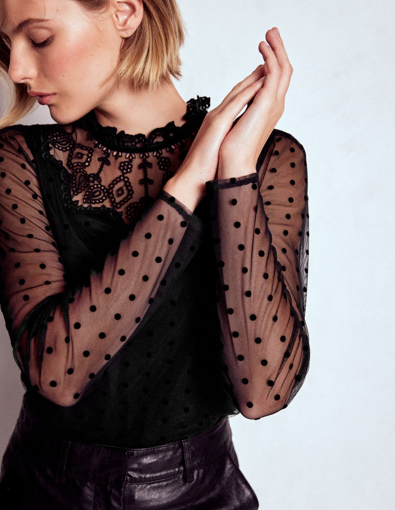 Tulle Yoke Embroidered Top-Black Spot 7