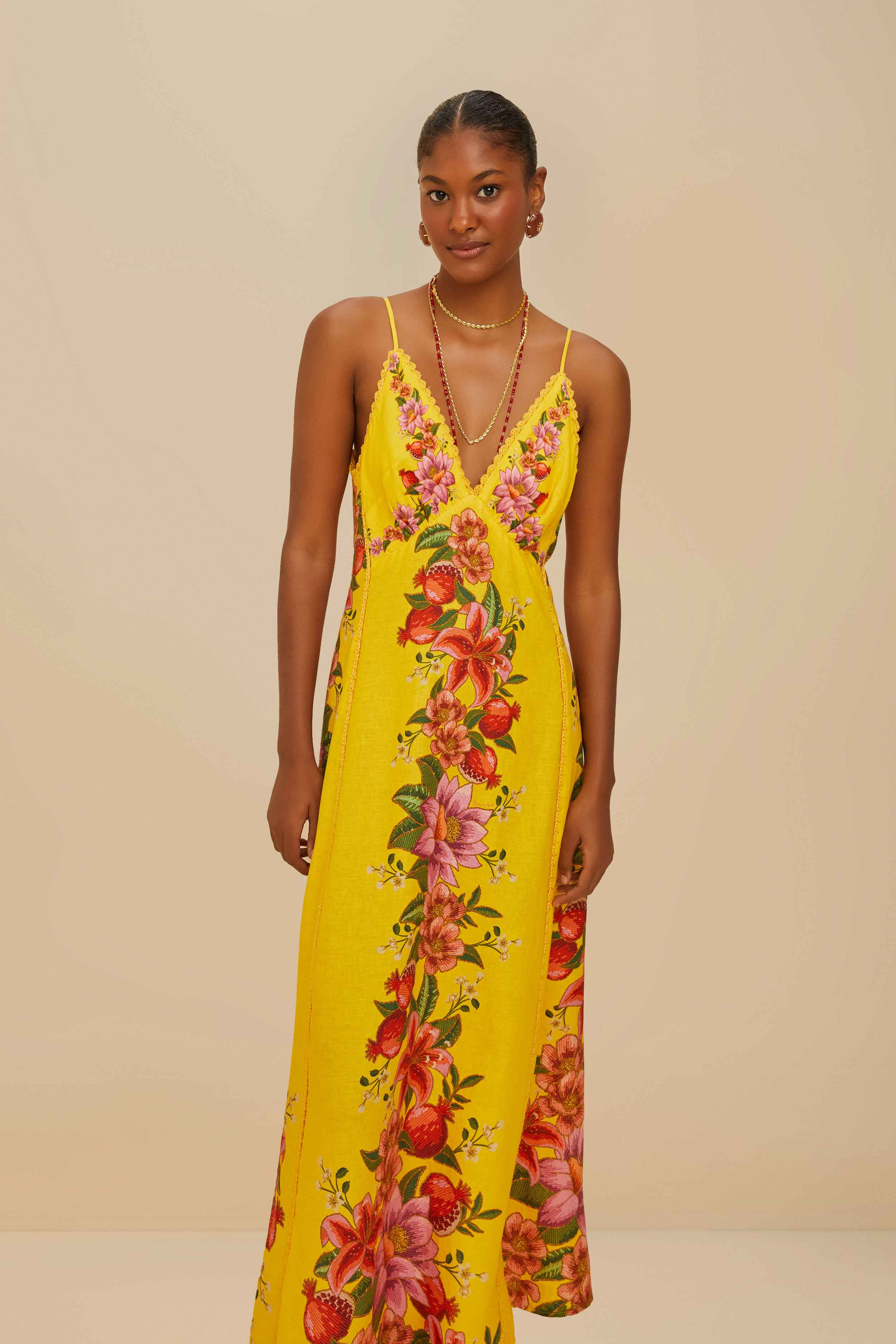 Yellow Summer Fruit Scarf Lenzing™ Ecovero™ Euroflax™ Maxi Dress - 3